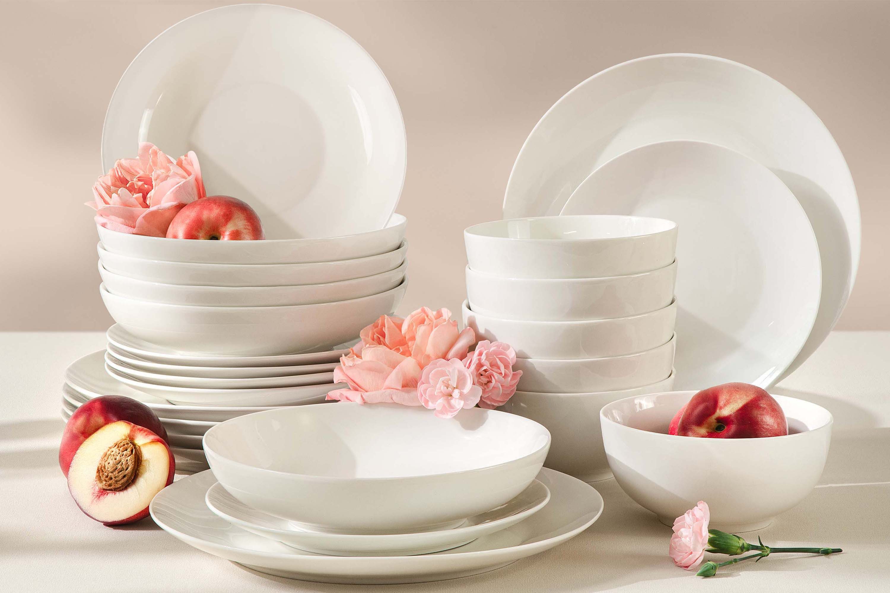 KONSIMO® Tafelservice AD BELLA Kombiservice, Geschirrset, Teller-Set, ecrufarben (24-tlg), 6 Personen, Porzellan, spülmaschinengeeignet, mikrowellengeeignet, Hartporzellan