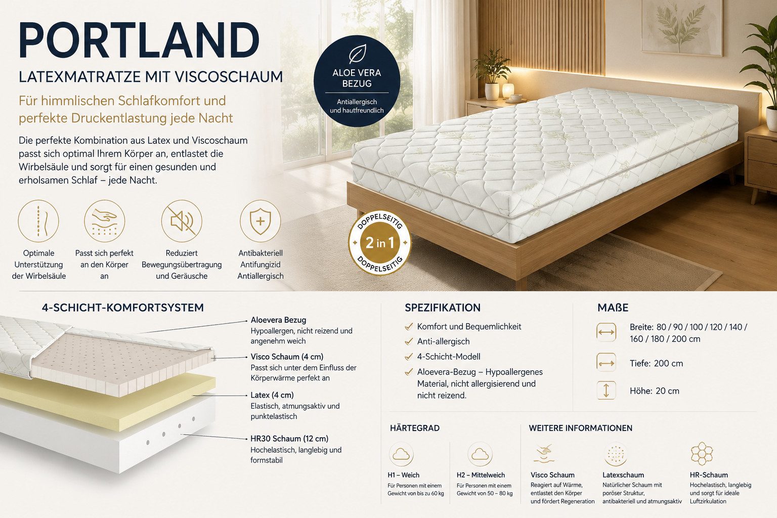 Latexmatratze Portland mit Visco-Schaum, Kaiser Möbel, 20 cm hoch