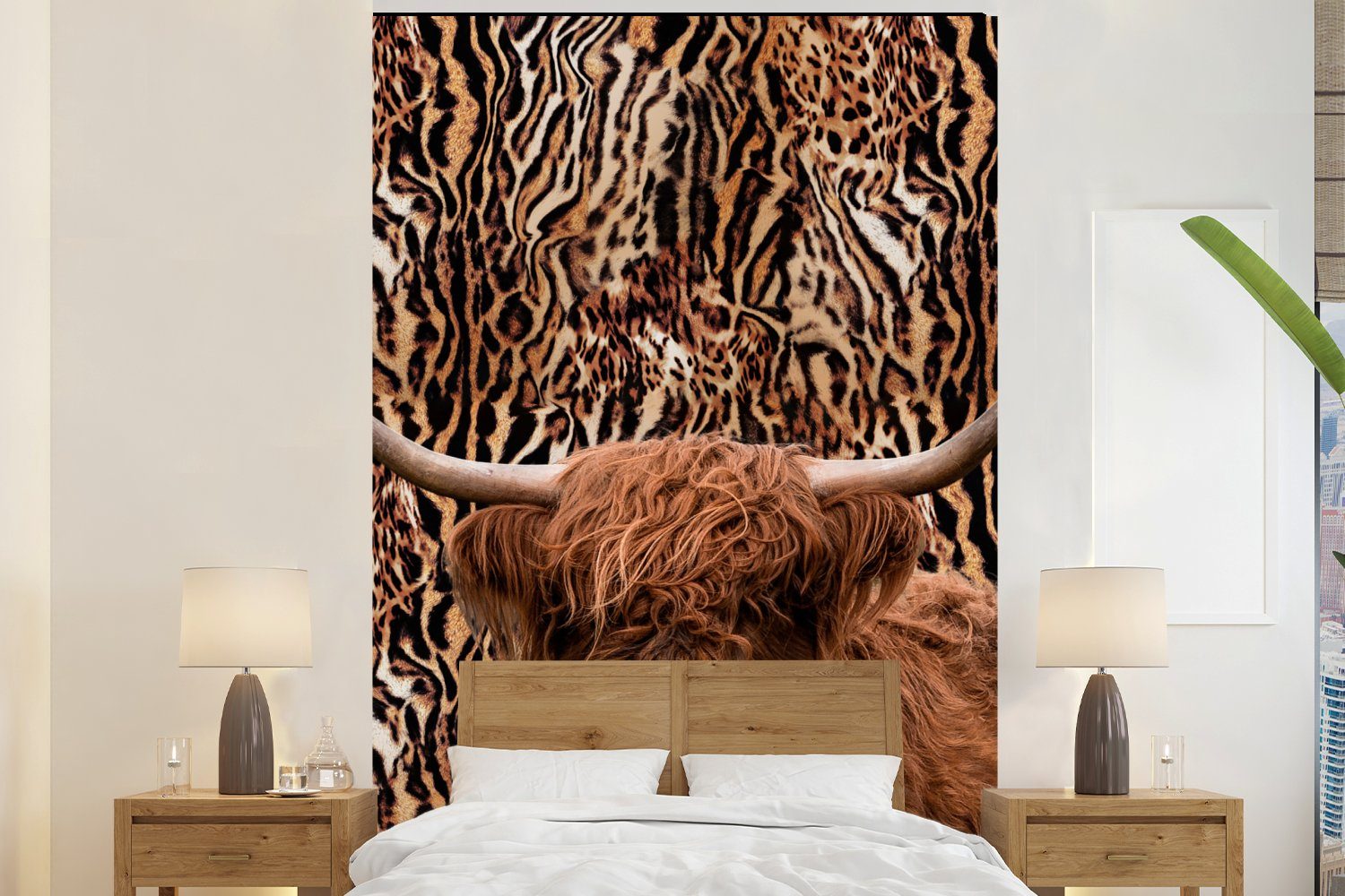 MuchoWow Fototapete Panther Druck - Schottischer Highlander - Tiere, Matt, bedruckt, (3 St), Montagefertig Vinyl Tapete für Wohnzimmer, Wandtapete