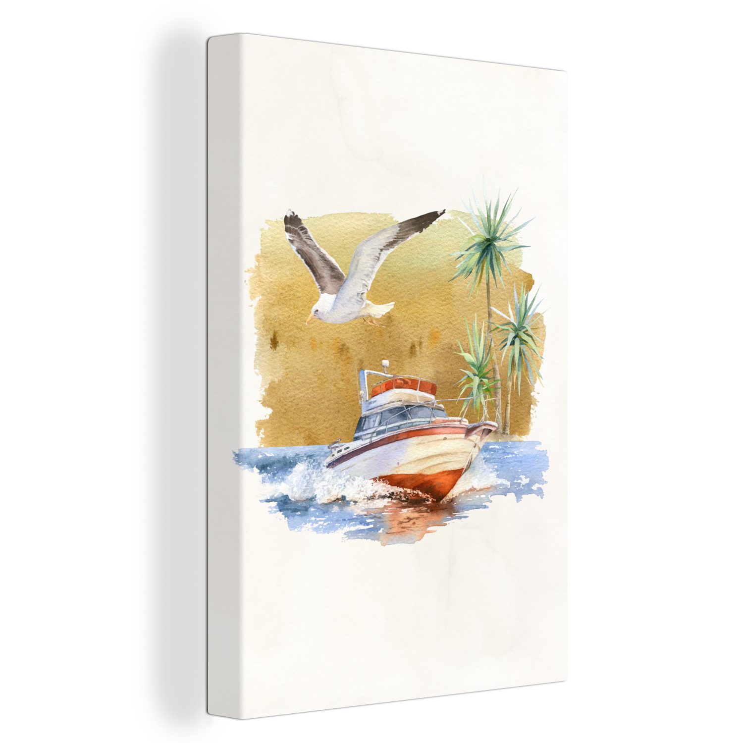 OneMillionCanvasses® Leinwandbild Gemälde, Palme Zackenaufhänger, inkl. 20x30 fertig bespannt - Leinwandbild Vogel, Boot St), - cm (1