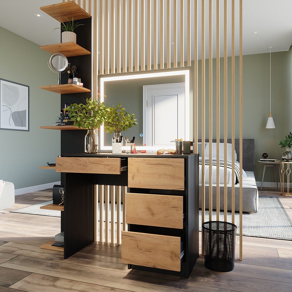 Vicco Schminktisch Sherry, Anthrazit/Goldkraft Eiche, 90 x 75 cm mit LED-Spiegel (1-St)