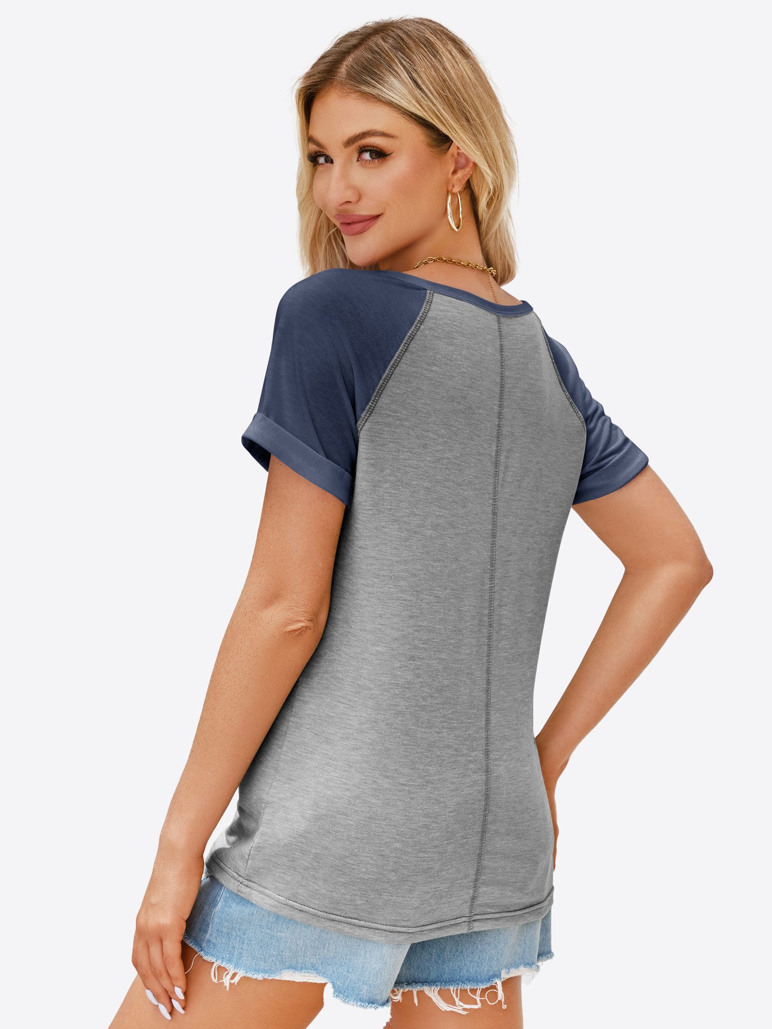 Imily Bela T-Shirt Damen mit V-Ausschnitt und Knopfleiste Casual Oberteil ( günstig online kaufen