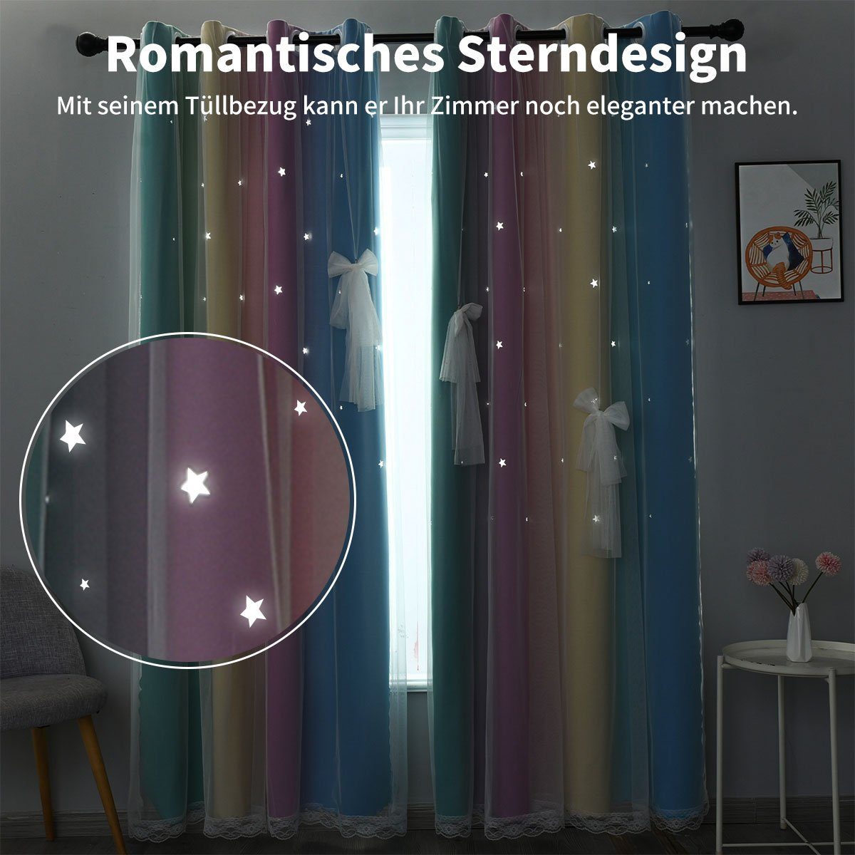 blickdicht, Regenbogen/Grau Set Ösenvorhang Bunte Greensky, Vorhänge Polyester, Vorhang mit Sterne Voile, 2er (2 Ösen Kinderzimmer, Gardinen für Verdunklungsvorhänge St),