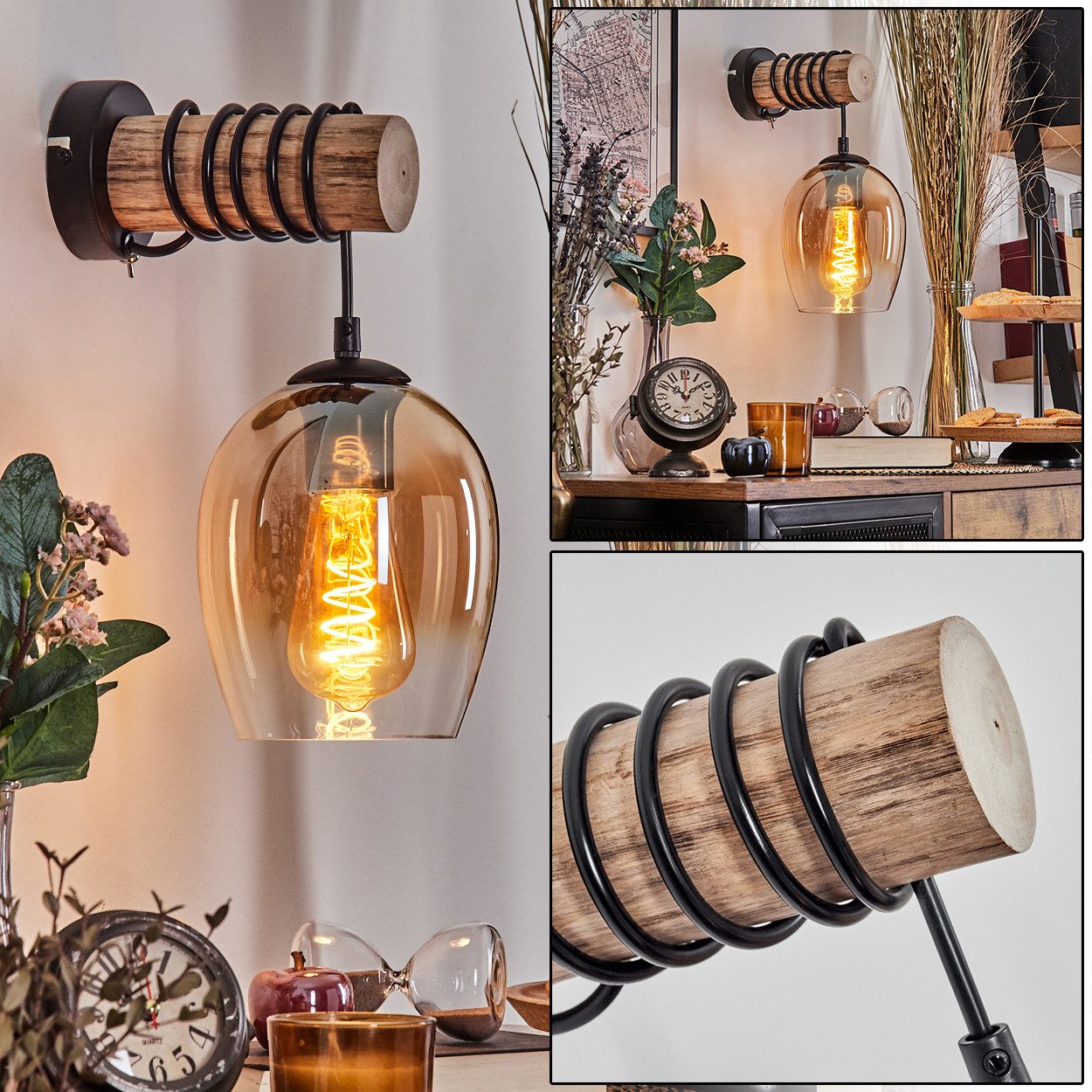 hofstein Wandleuchte Wandlampe aus Holz/Metall/Glas in günstig online kaufen