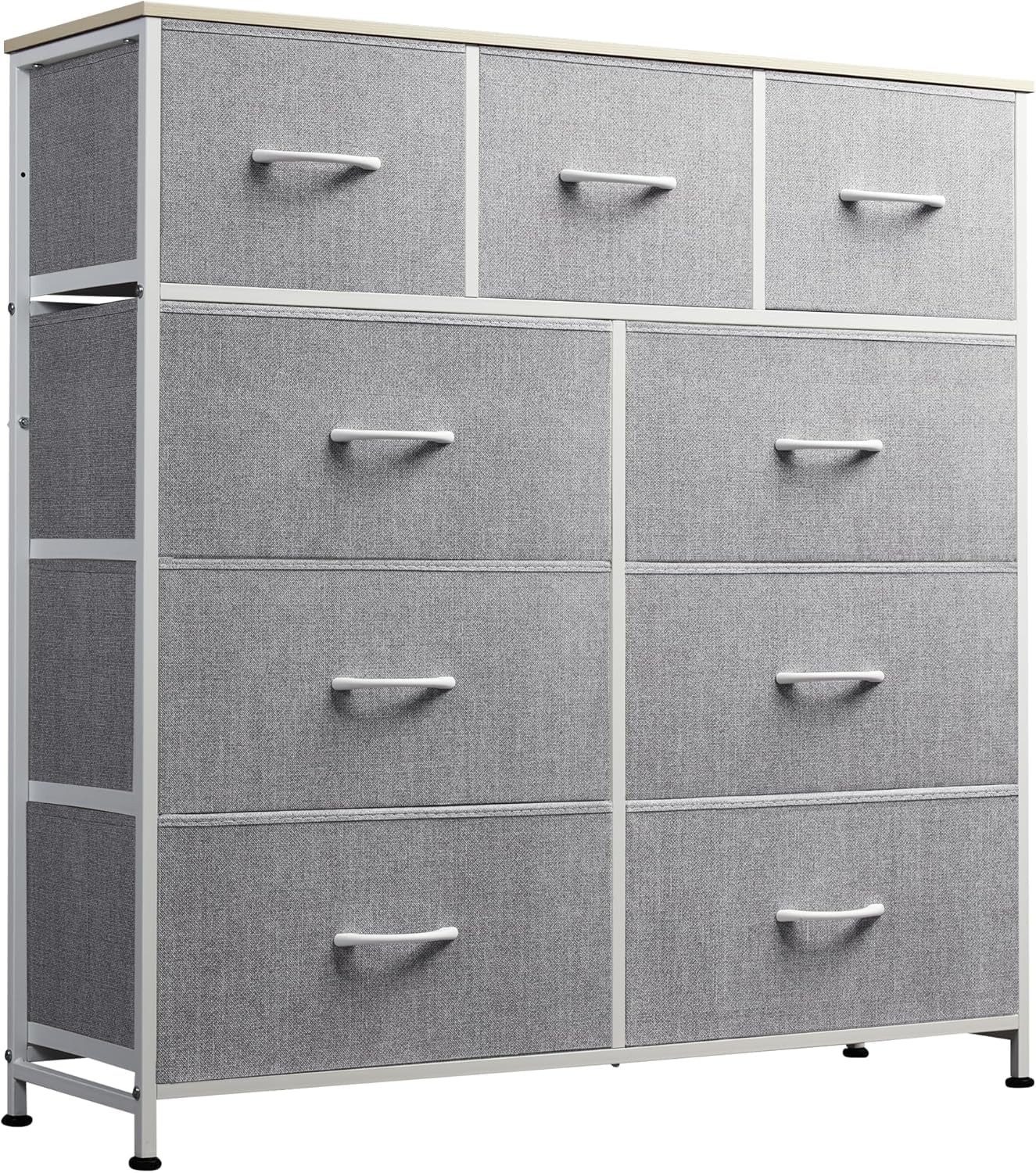 WLIVE Kommode kleiderschrank, 9 Schubladen mit Griffen, (Stauraumschrank Kommode mit Stoffschubladen), Modernes Sideboard, 100 × 30 × 102 cm, Vintagebraun-Schwarz