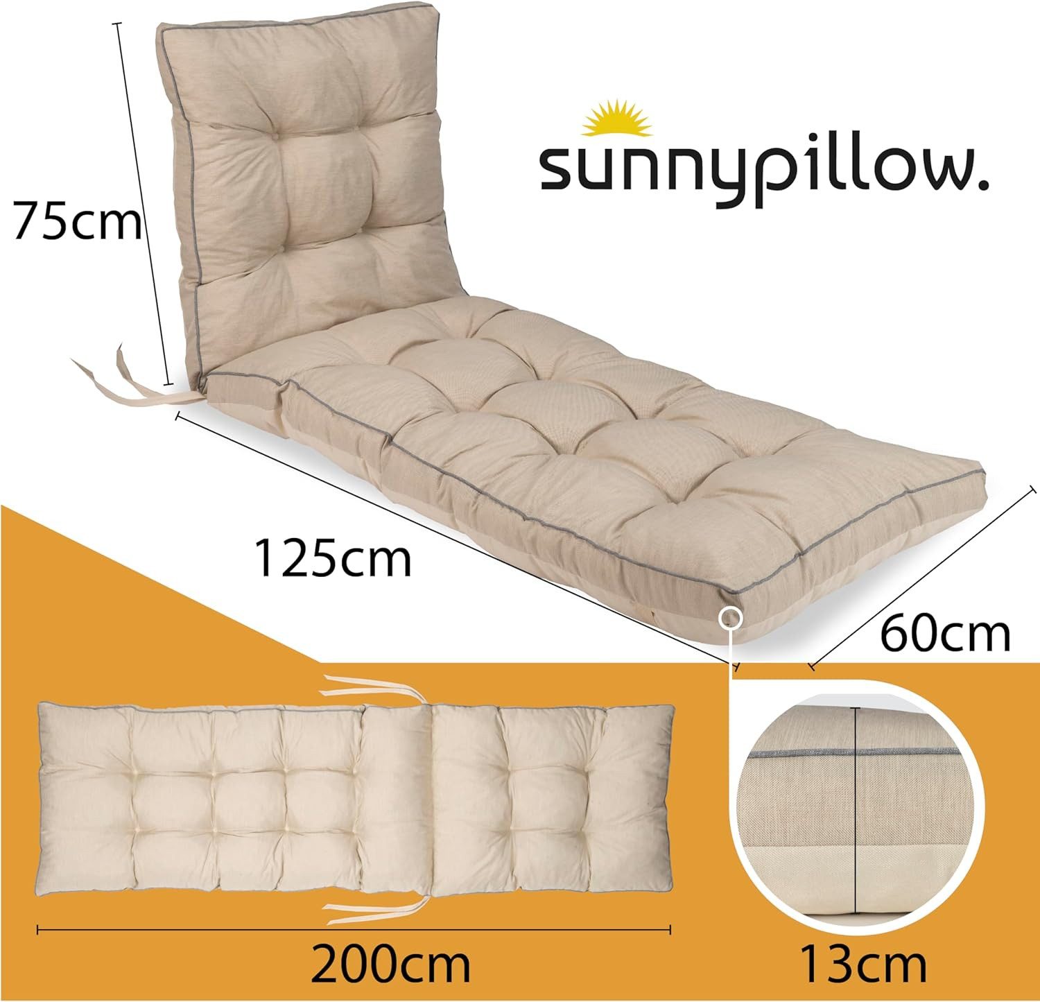 sunnypillow Liegenauflage 200 x 60 - Auflage für Gartenliege extra dick 13cm, Cremefarben