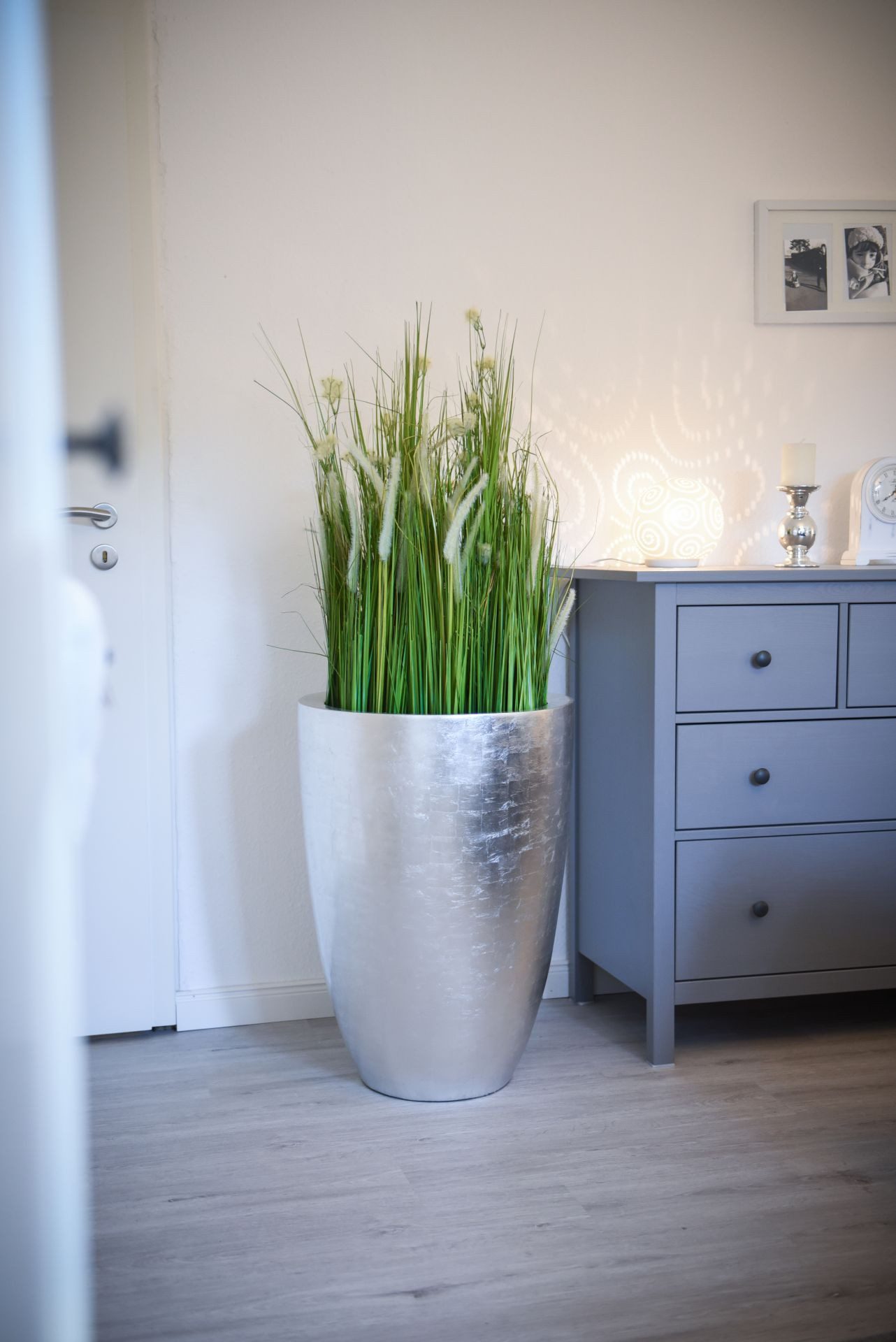 VIVANNO Bodenvase Fiberglas OPALA Rund - Blattsilber Blattoptik Hochglanz (1 St), 40x40x55 cm
