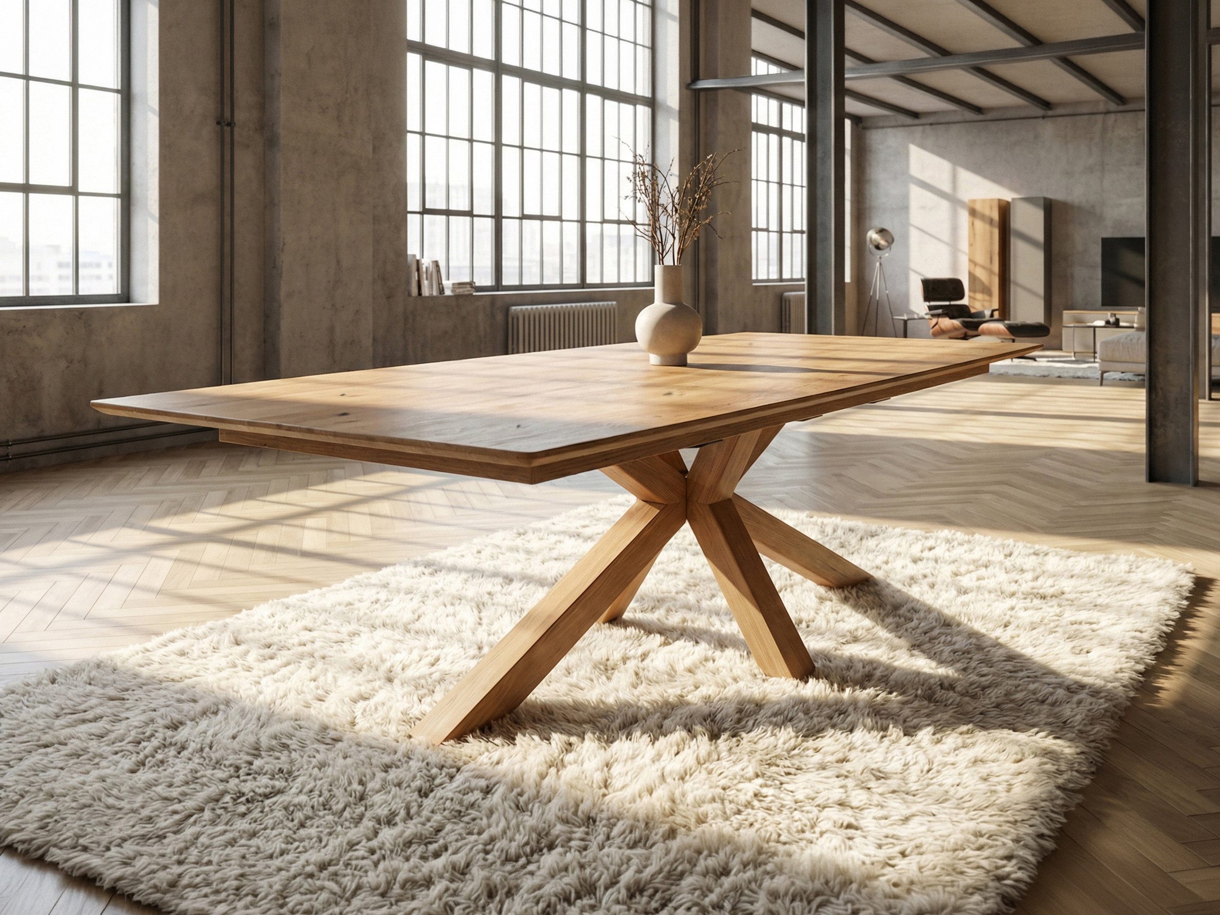 Massivart® Esstisch Wildeiche Massivholz geölt, ausziehbar / Spider-Gestell Holz / RICARDO, Schweizer Kante • innenliegender Butterfly-Auszug • Natur Pur