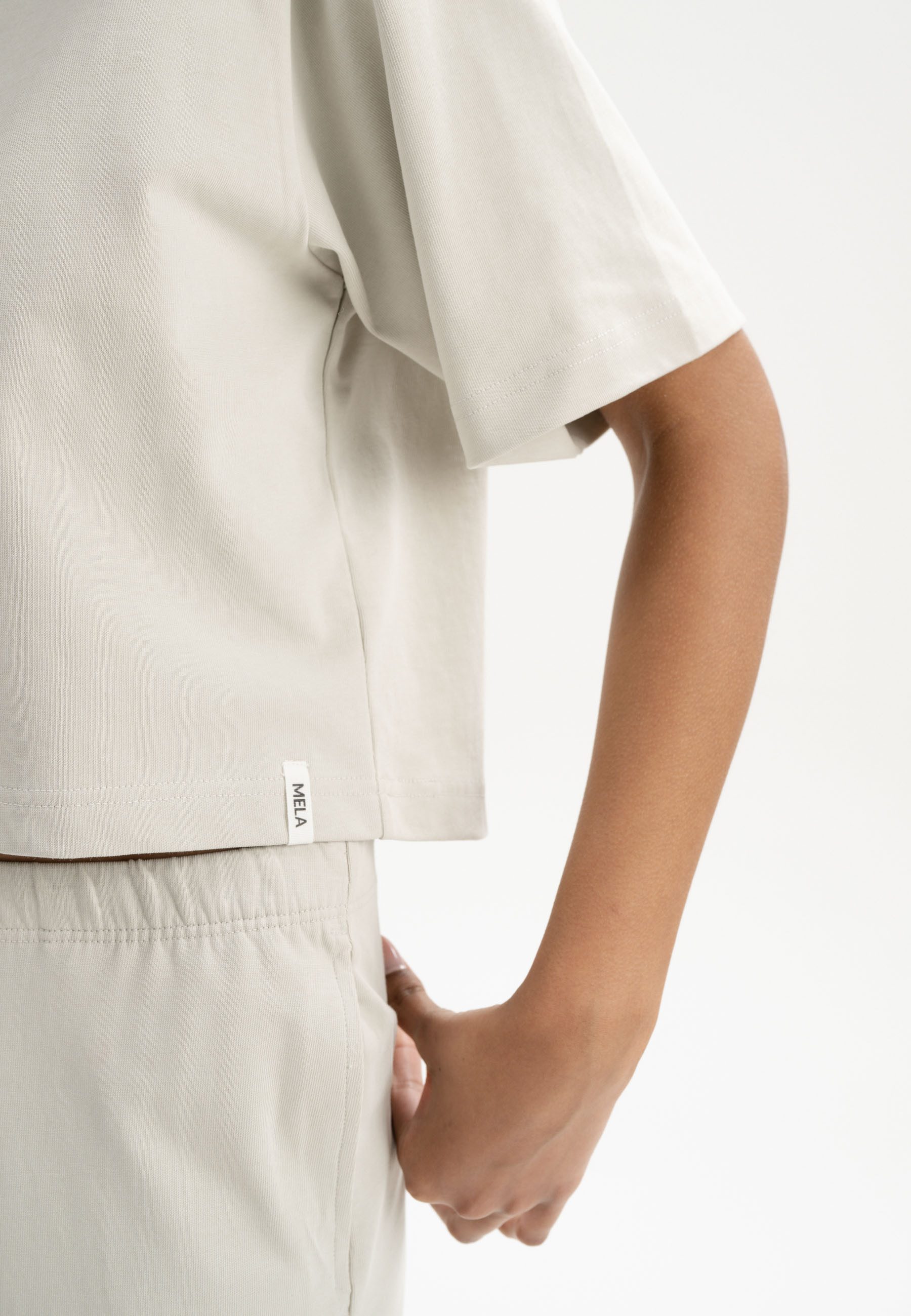 MELA Kurzarmshirt Cropped T-Shirt schwer Style JOSHNA Rippbündchen