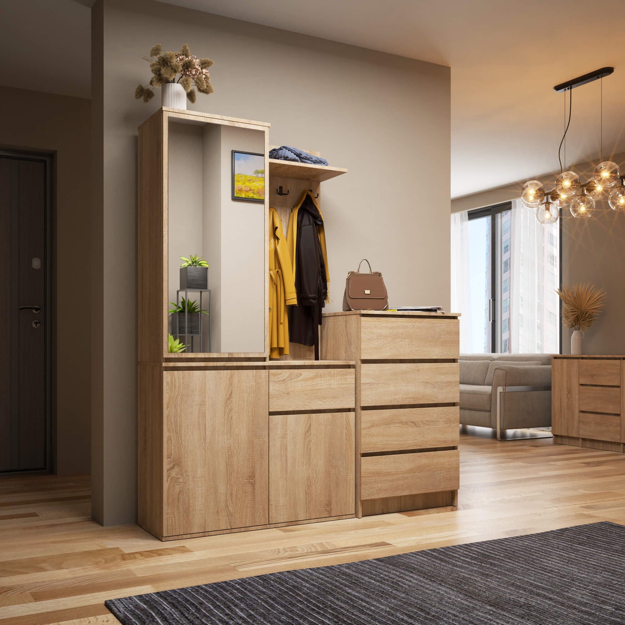 Raumhirsch Furniture Schuhschrank mit Spiegel Garderobenset Flurmöbel Drehtürenschrank 3 Türen Schublade (verschiedene Farben - Maße: 95 x 183 x 35 cm)