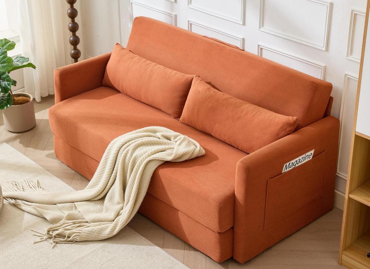 LVHOM Loungesofa 165x92x82cm/165x212x67cm Schlafsofa,2-Sitzer-Sofa,2 in 1,klappbar, Cordstoff,Zwei Lendenkissen(als Kopfkissen),Zwei Seitentaschen,108°-Komfort-Rückenlehne,Federkern+Schaumstoffpolsterung,bis zu 120kg,komprimiert verpackt, für Wohn-/Schlaf-/Arbeitszimmer, kann als Gästebett genutzt werden