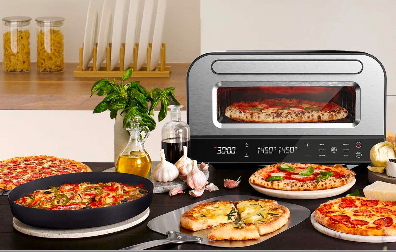 KeMar Kitchenware Pizzaofen KPO-220, Touch Display, Automatische Programme, Pizzastein, Pizzaschieber