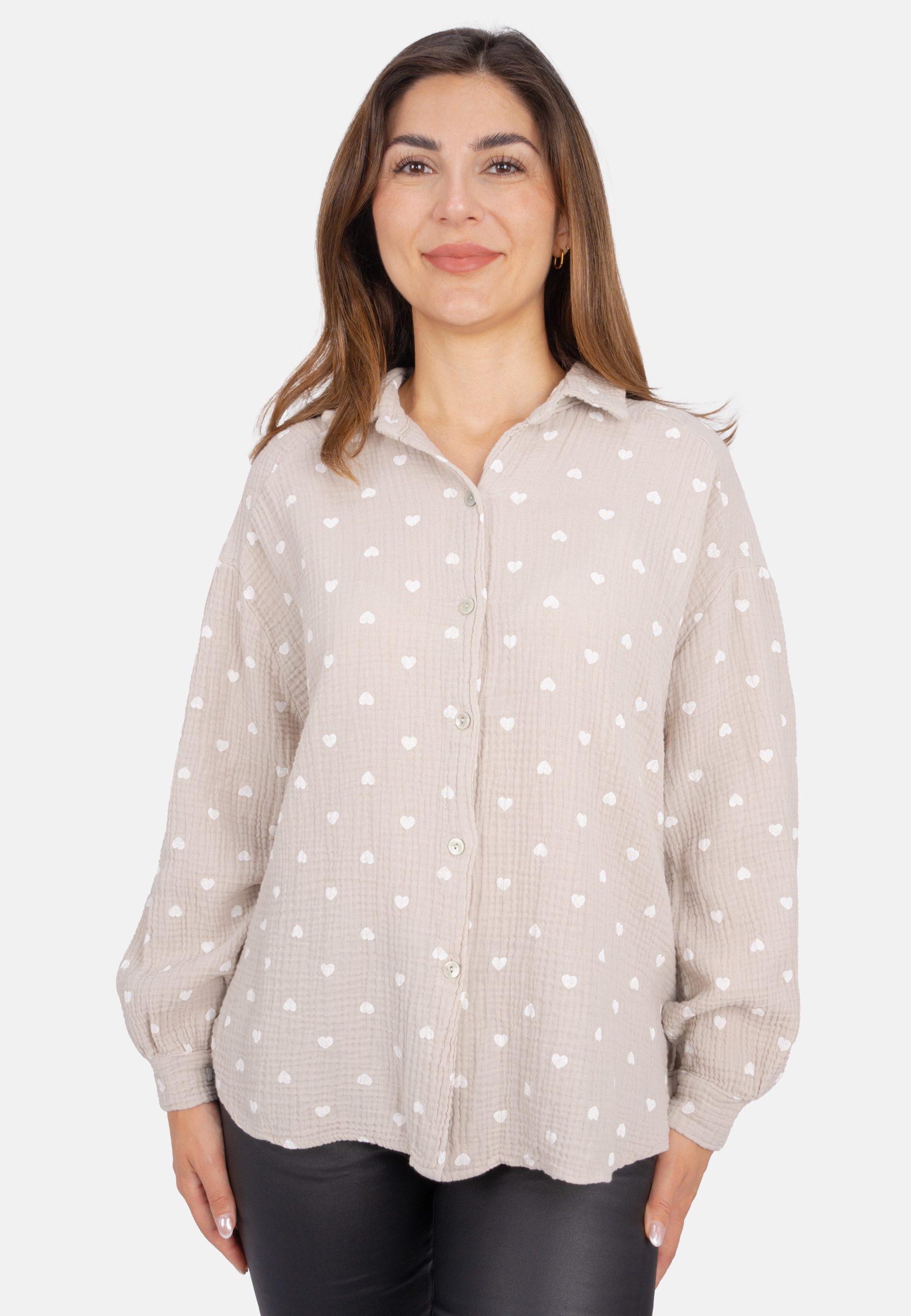 Seasons of April Hemdbluse LIYA MUSSELIN HERZ OVERSIZED Damen Musselin Bluse mit Herz Print, 100% Baumwolle, S/M & L/XL