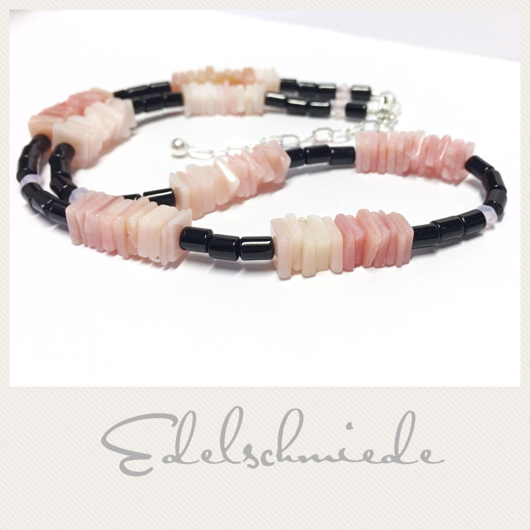 Edelschmiede925 Kette ohne Anhänger Pink Opal Plättchen + Onyx + Kristall 925 Silber 43-50 cm
