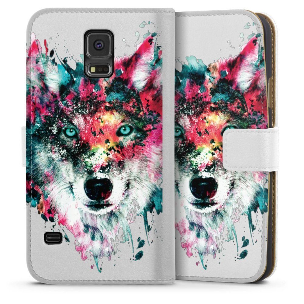 DeinDesign Handyhülle Riza Peker Wolf bunt Wolve ohne Hintergrund, Samsung Galaxy S5 Hülle Handy Flip Case Wallet Cover Handytasche Leder