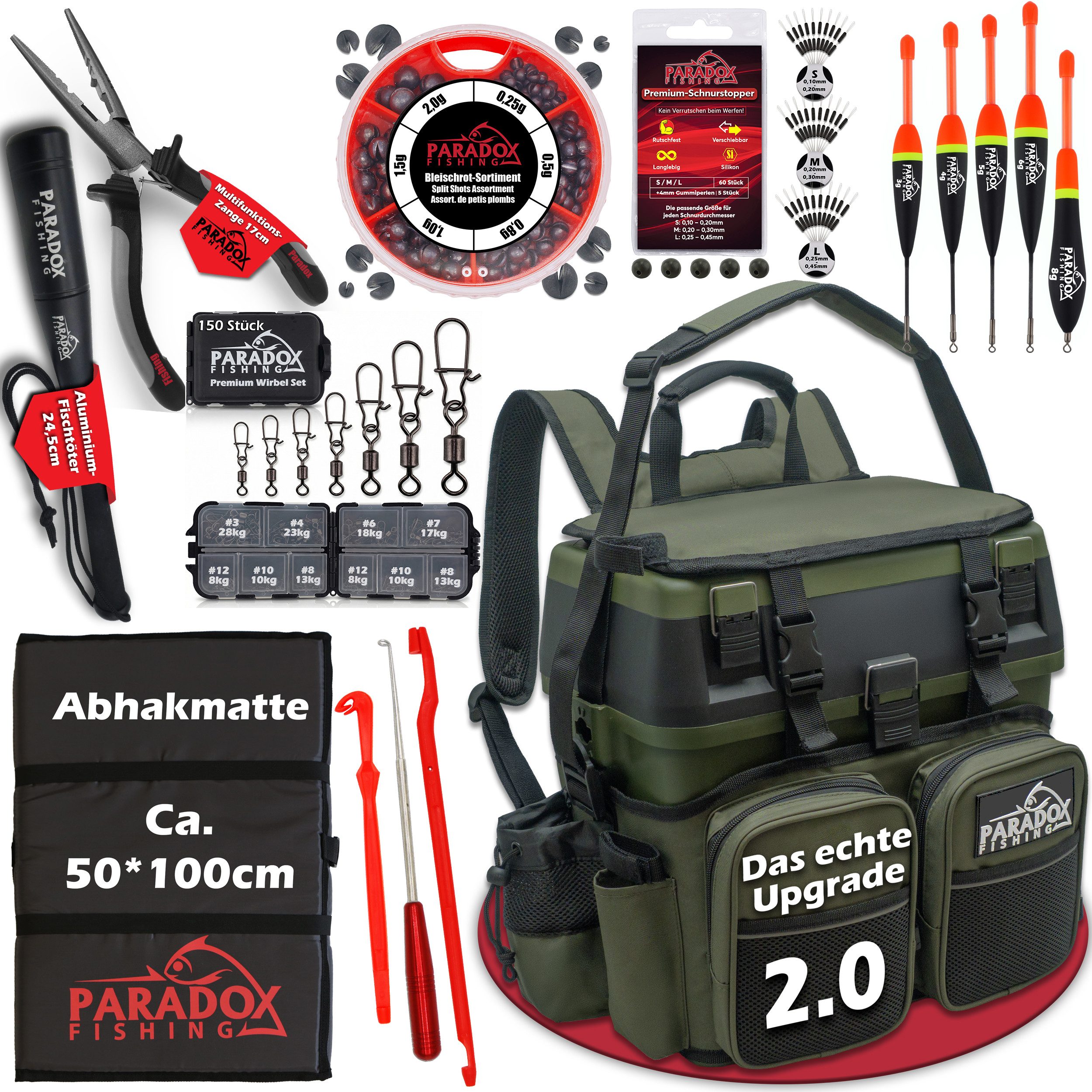 Paradox Fishing Angelrucksack 3-in-1 Multifunktions-Sitzkiepe mit 4 Boxen im Deckel (9-tlg), Zangenhalterung