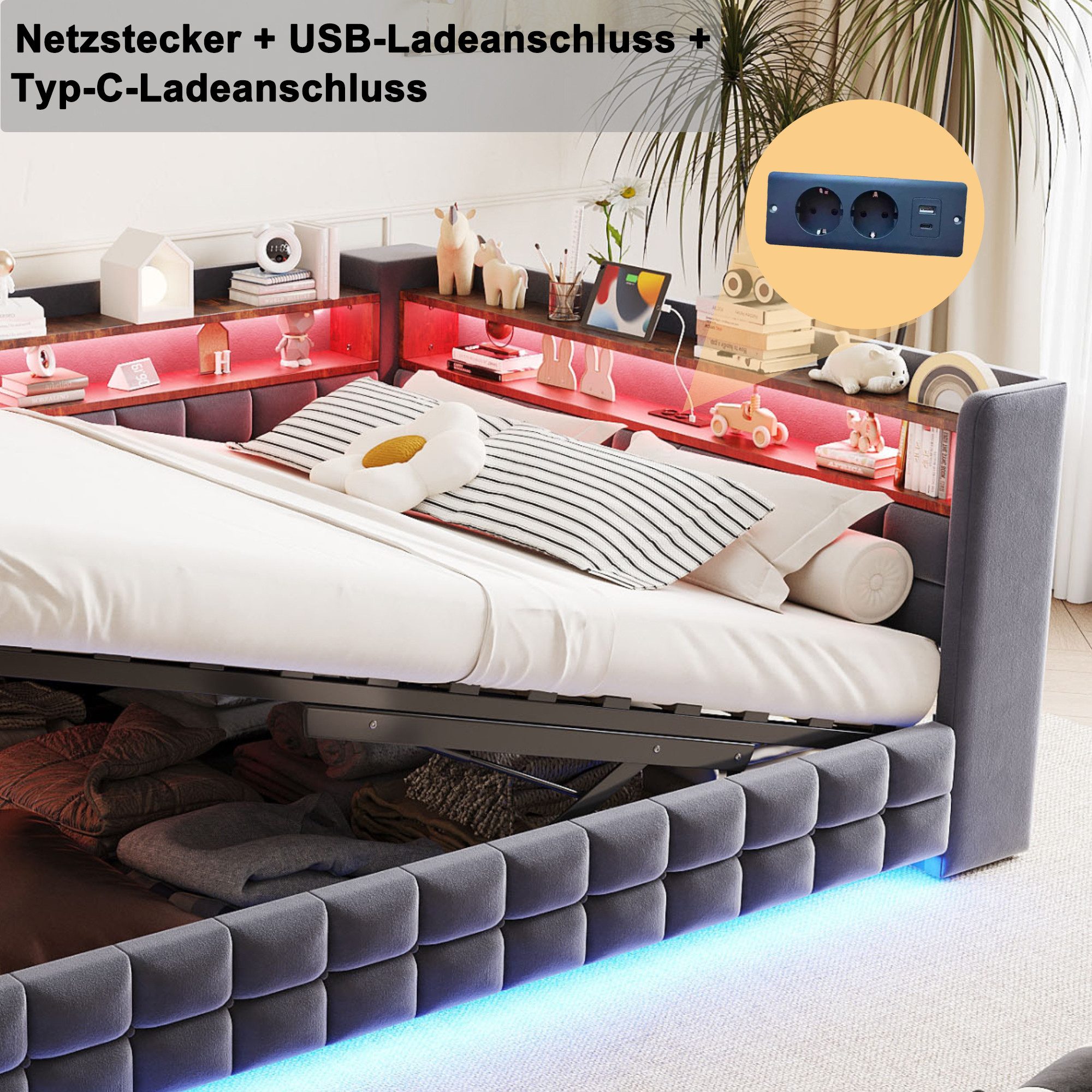 Merax Daybett Polsterbett mit LED-Lichtleiste, Steckdose und USB & Typ-C Anschlüssen (Jugendbett Einzelbett Sofabett, 1 tlg), Tagesbett 140x200cm mit hydraulisc – Bild 5 von 5