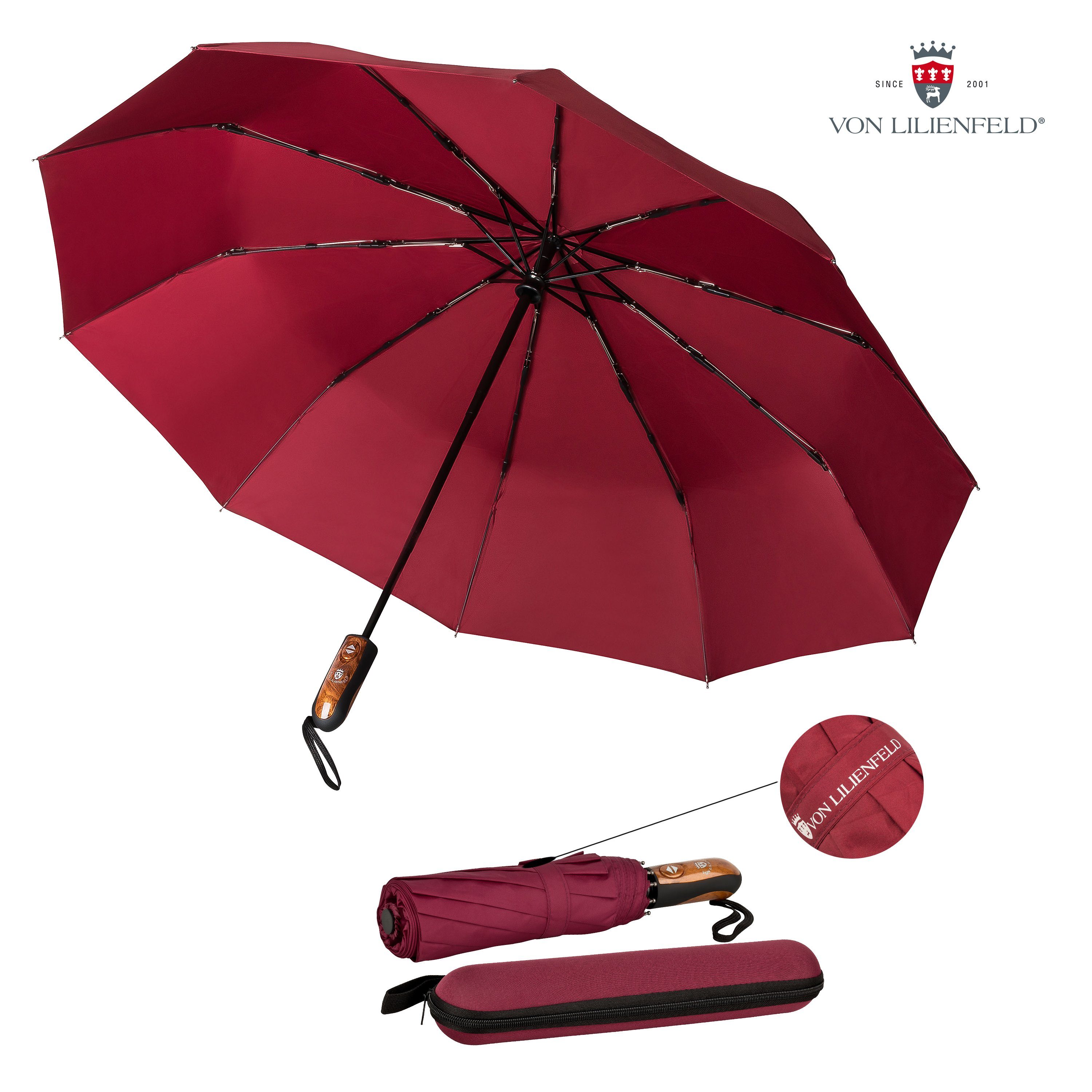 von Lilienfeld Taschenregenschirm Schirm Clark mit Reise-Etu Auf-Zu-Automatik Teflonbeschichtung, extrem wasserabweisend, schnelltrocknend burgunder