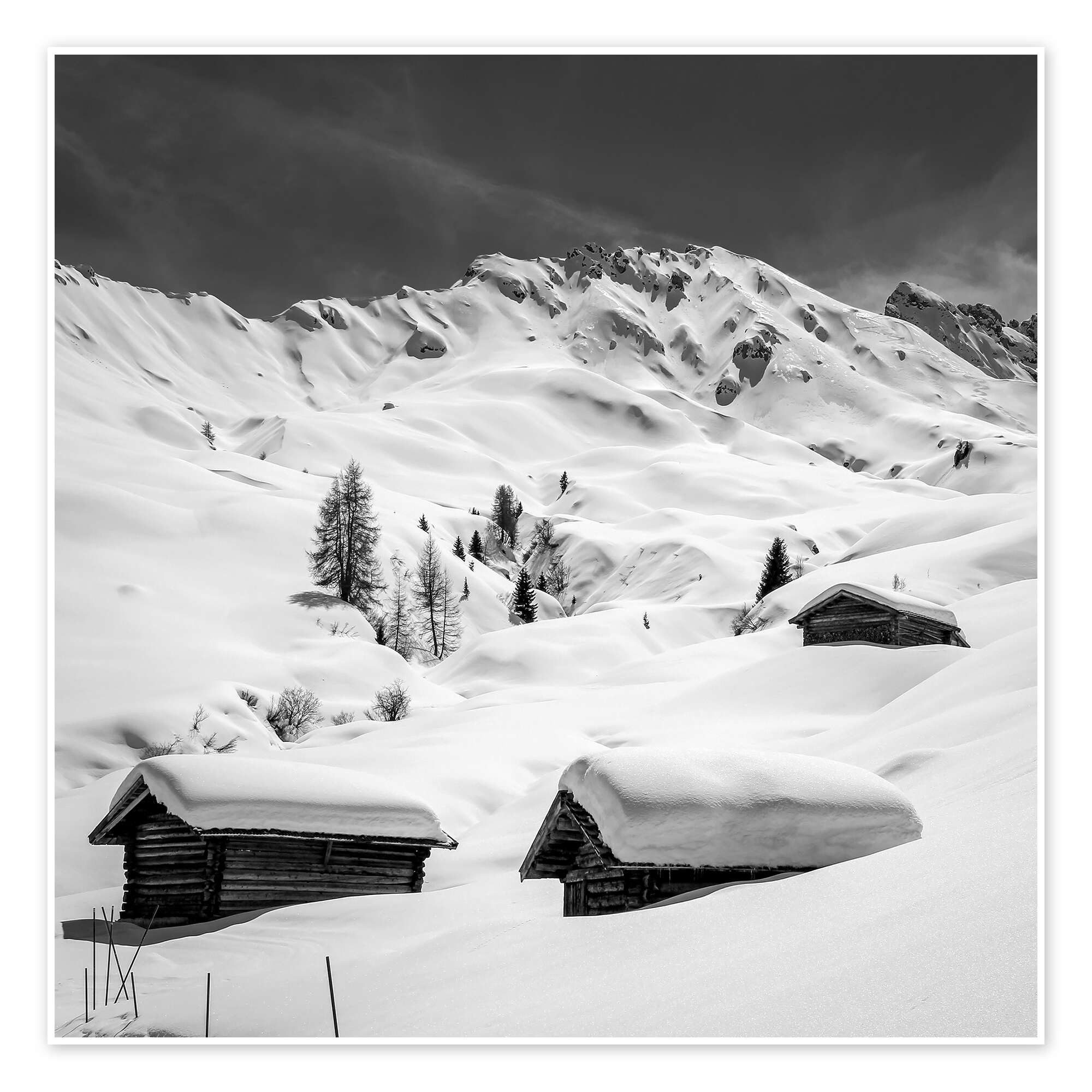 Posterlounge Wandbild Verschneite Hütten auf der Seiser Alm, Südtirol, Christian Müringer, erhältlich als Poster, Leinwandbild, Wandsticker oder Acrylglasbild