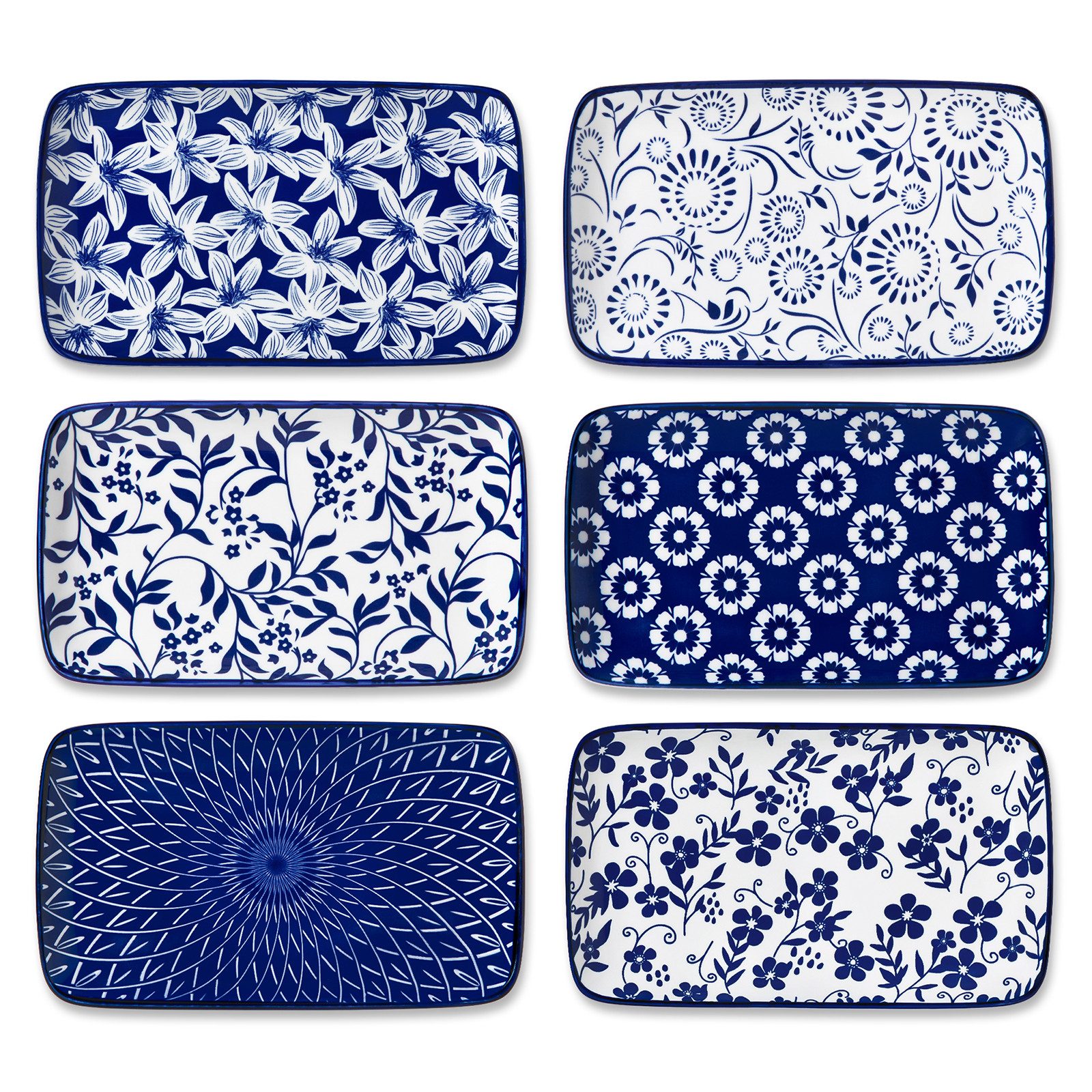 vancasso Sushiteller 6tlg Sushi-Platte, Porzellan Servierteller, rechteckig, Blau und Weiß, (6 St)