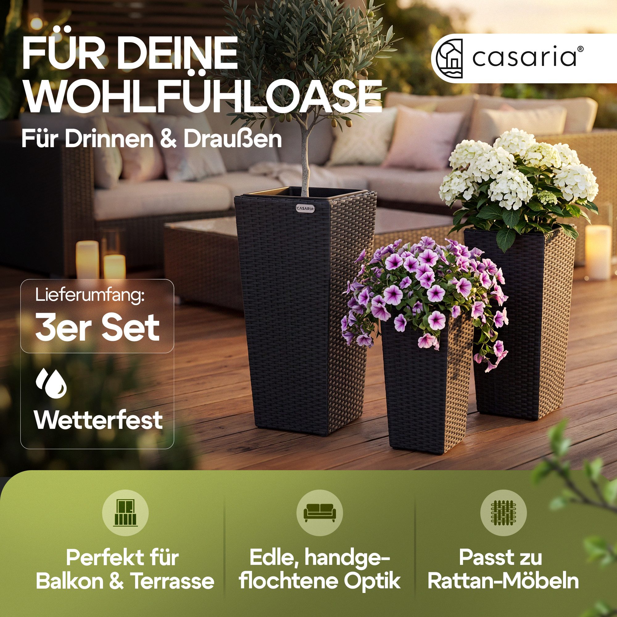 Casaria Pflanzkübel, Casaria Blumentopf 3er Set Polyrattangeflecht Übertopf Wasserabfluss