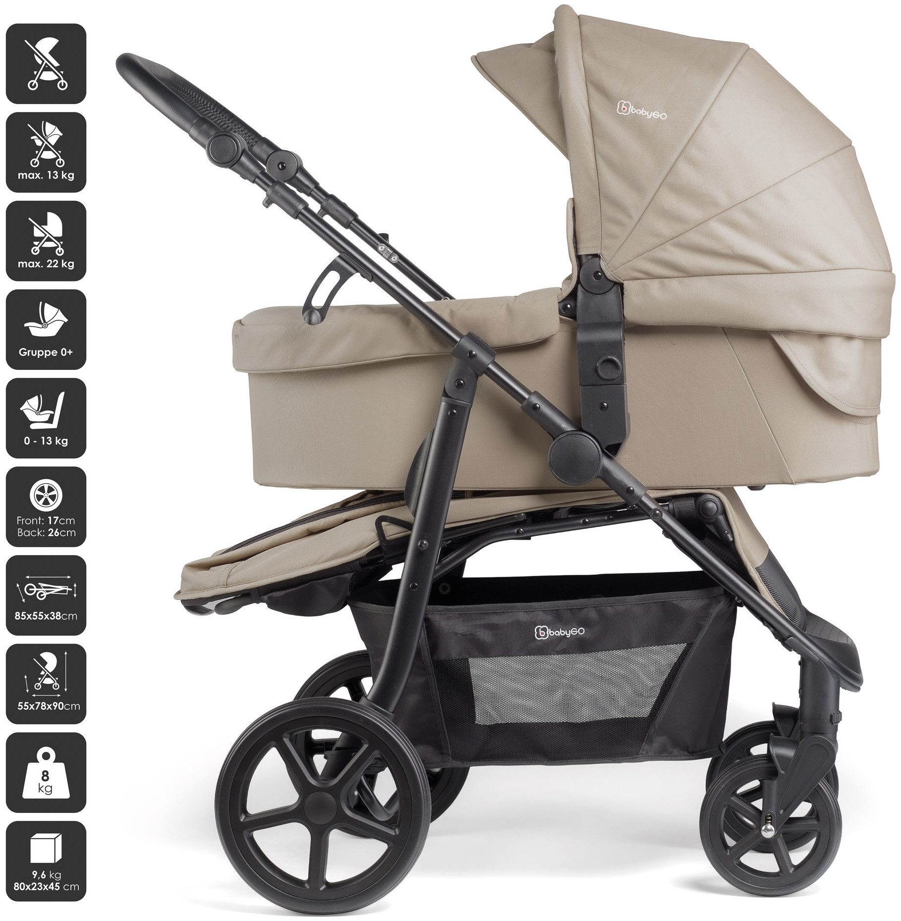 BabyGo Kombi-Kinderwagen Evolution, (Set, 5-tlg), mit Babywanne, Babyschale, Wickeltasche und Sportsitz