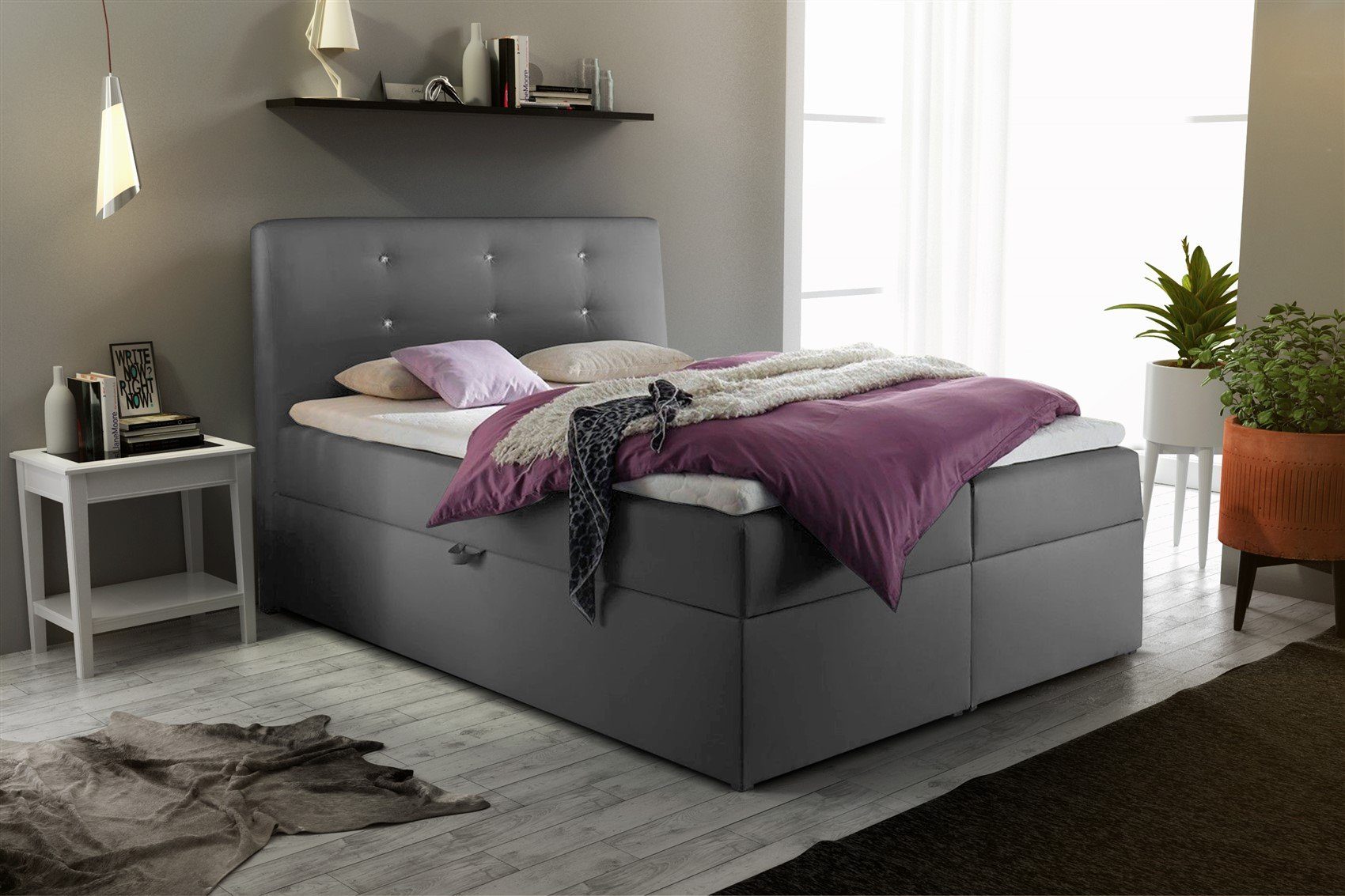 Fun Möbel Boxbett Schlafzimmerbett MONZA (inkl. Bettkästen, inkl. Kaltschaumtopper), Dekorsteine im Kopfteil