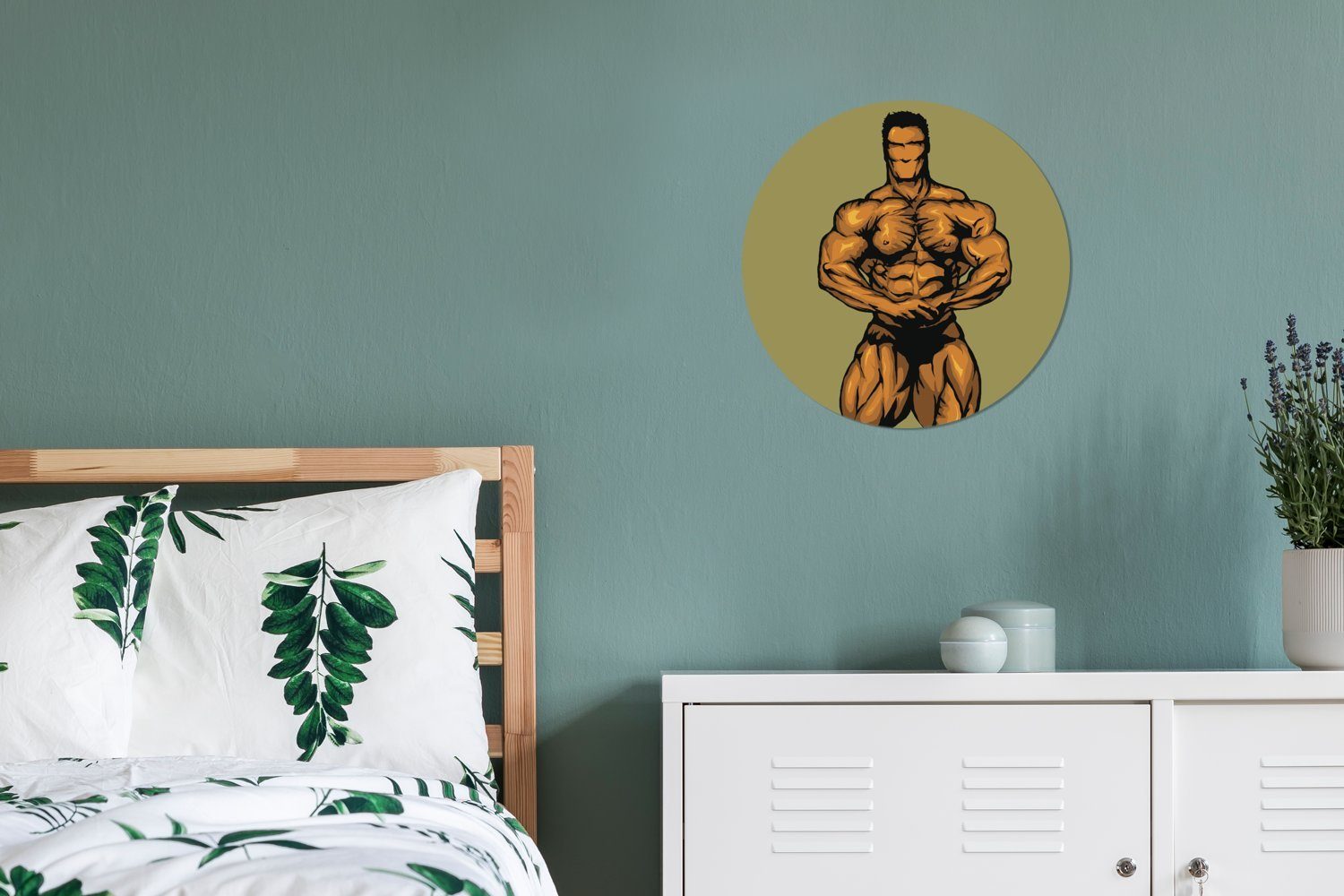 Hintergrund, 30x30 Illustration Forex, Wohnzimmer, cm Gemälde (1 auf St), eines MuchoWow Wandbild, Rundes grünlich-gelbem Wanddekoration Kreis Bodybuilders