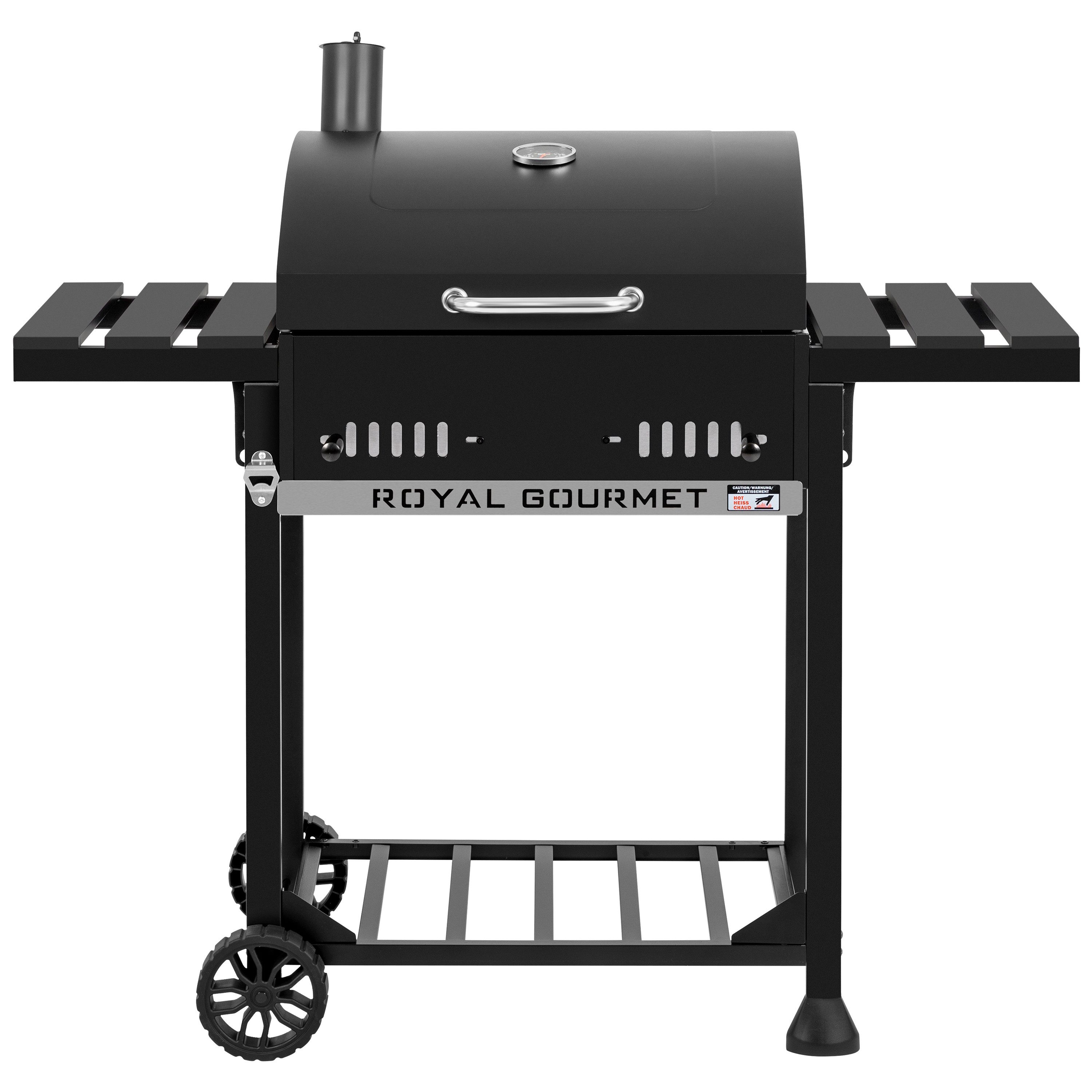 Royal Gourmet Holzkohlegrill Grillwagen mit klappbaren Seitenablagen, mit Decekl und Thermometer, schwarz