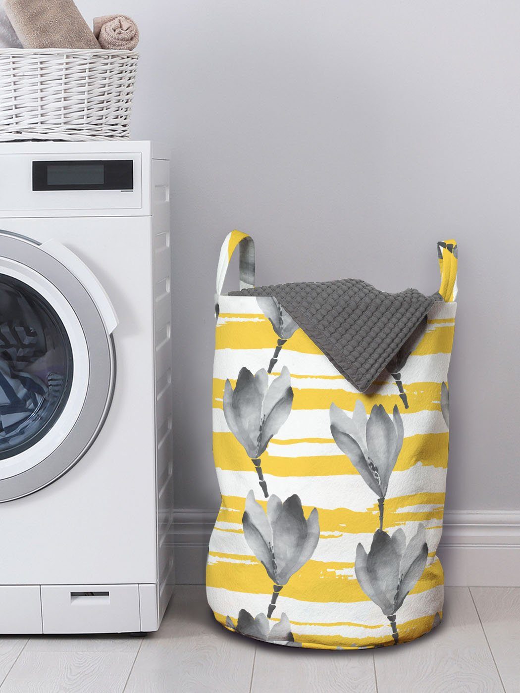 Abstrakt Griffen Wäschekorb Grau mit Waschsalons, Aquarell Blume Abakuhaus für Kordelzugverschluss Wäschesäckchen