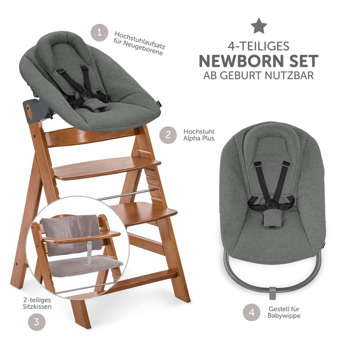 Hauck Hochstuhl Alpha Plus Newborn Set Premium - Walnut, Holz Babyhochstuhl ab Geburt inkl. Neugeborenen Aufsatz & Sitzpolster
