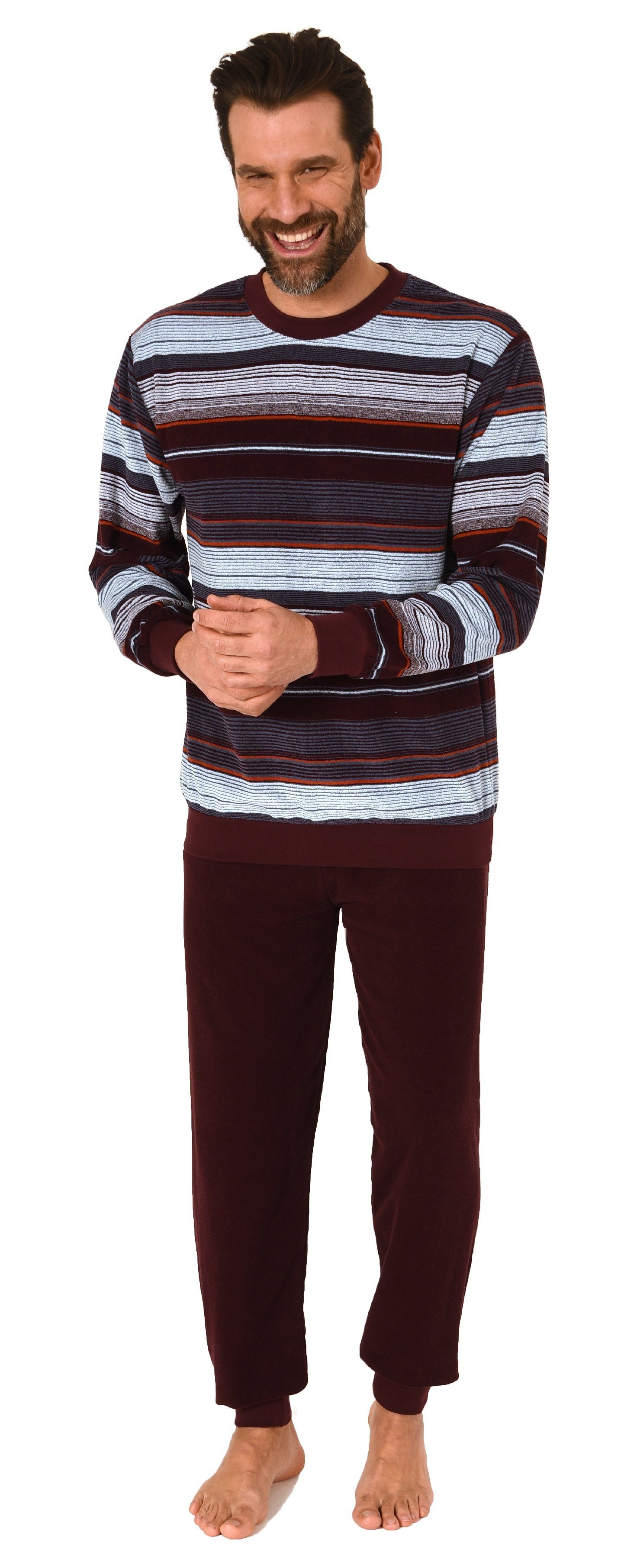 Normann Pyjama Herren Frottee Schlafanzug langarm mit Bündchen in Streifeno günstig online kaufen
