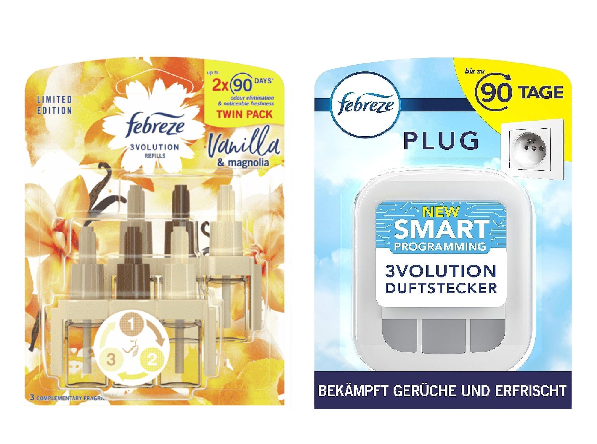 Raumduft 3Volution 2x20ml Febreze Duftölflakon + Magnolia (3-St) 1x & Duftstecker Vanilla