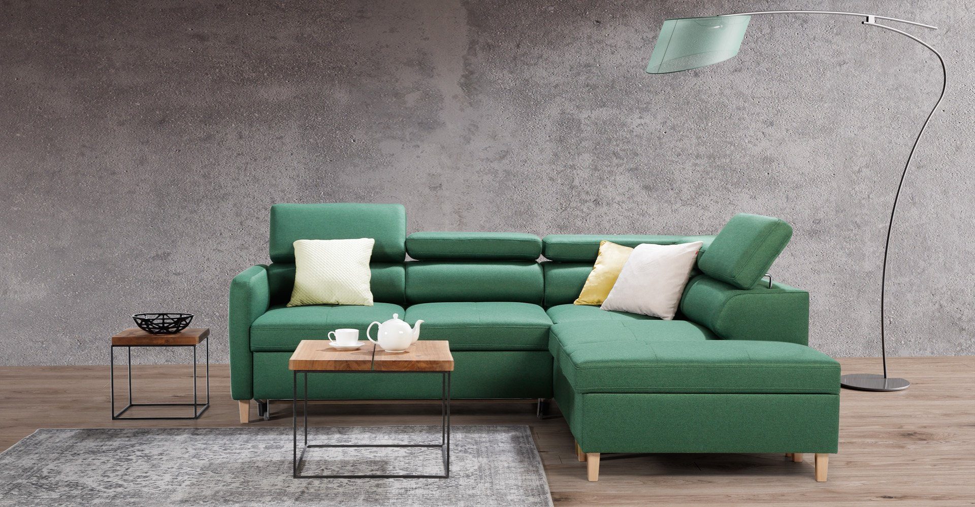 JVmoebel Ecksofa Ecksofa L-Form Bettfunktion Couch Design Polster Textil, Made in Europe Grün
