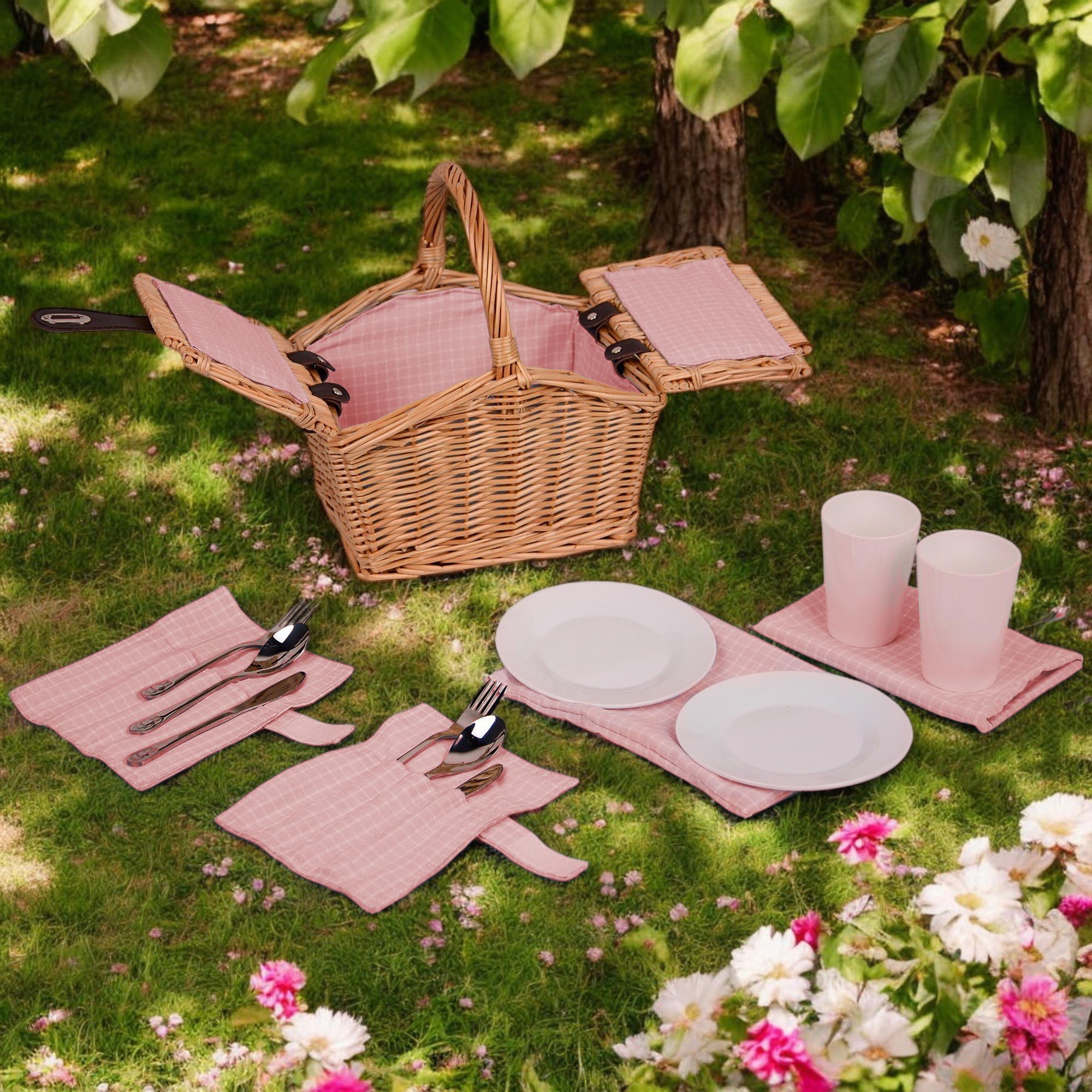 UNUS GARDEN Picknickkorb Kinder, für 2 Personen (ca. 27 x 20 x 30 cm, pink), Rechteckig inklusive Besteck und Geschirr