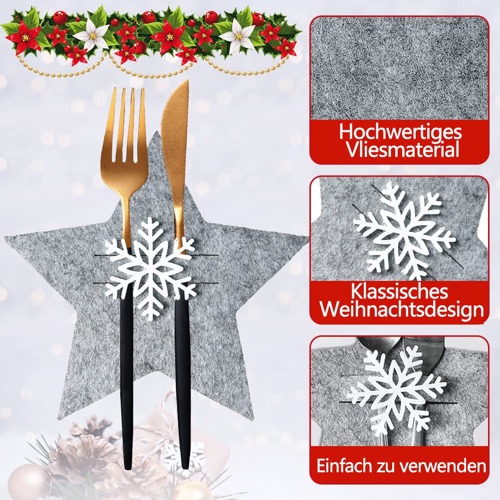 FOUORTUNATE-BEE Besteckhalter 12 Stück Stern Besteckhalter Weihnachten Filz, (Bestecktasche Stern Besteckbeutel Tischdekoration, Grau Weihnachts Schneeflocken M – Bild 4 von 5