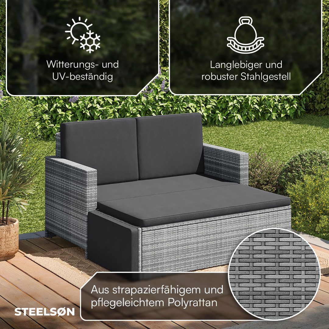 STEELSØN Gartenlounge-Set Elnath Sitzgarnitur mit Sitzpolster, (Gartensofa für 2 Personen mit Hocker in grau-meliert/anthrazit), Sonnenlounge wetterfestes Polyrattan, verschiedene Ausführungen