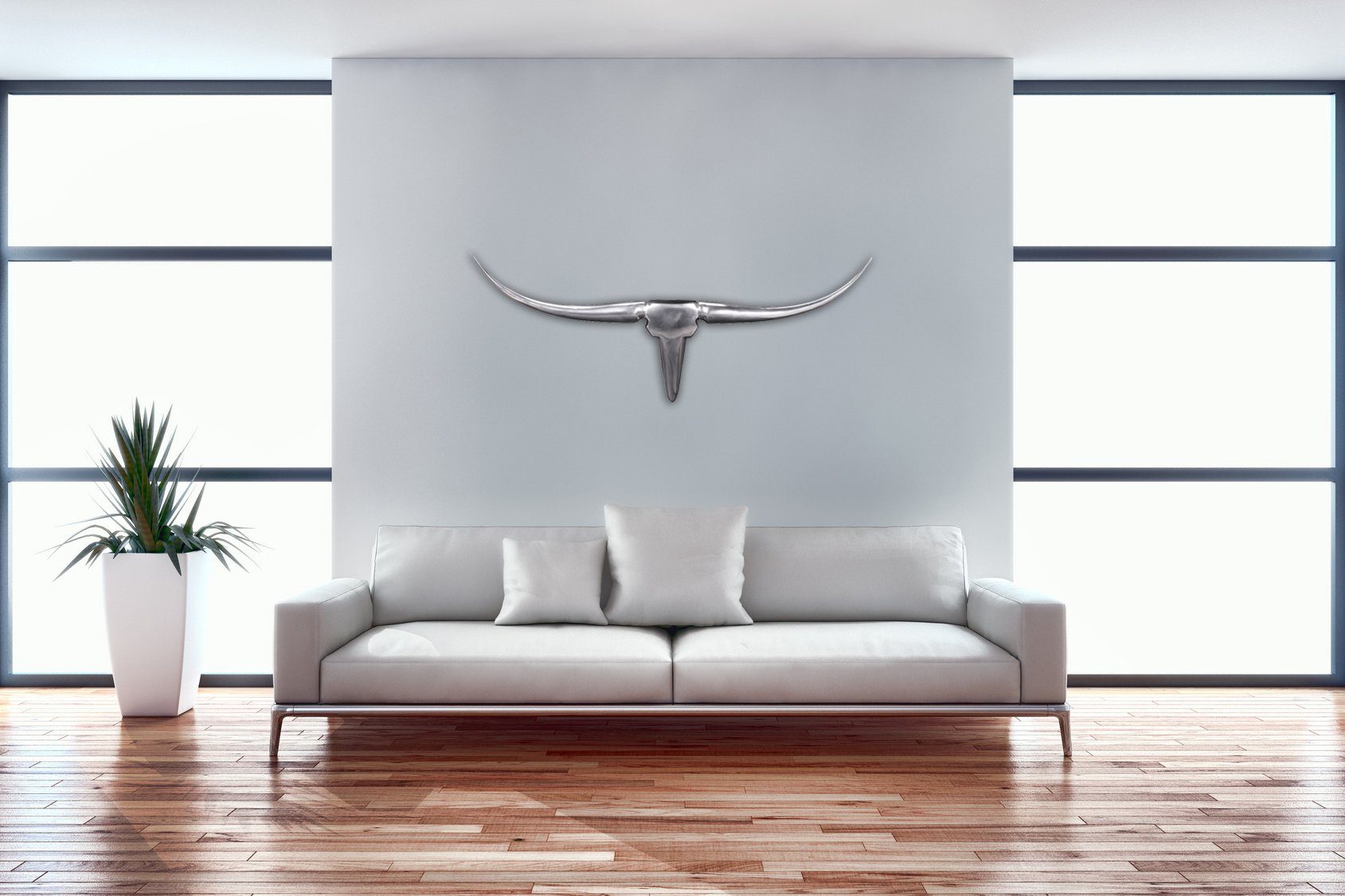 FINEBUY Wanddekoobjekt FB37875 (Deko Hirschgeweih Aluminium 100 cm Silber modern), Wanddeko Metall Design Hirschkopf Geweih Wand groß