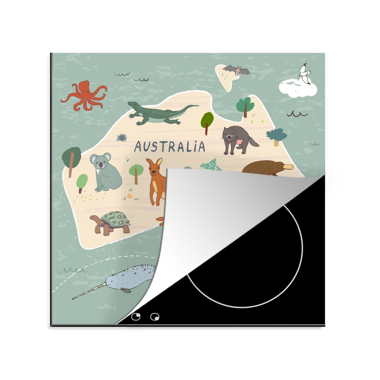 MuchoWow Herdblende-/Abdeckplatte Weltkarte Kinder - Tiere - Australien - Jungen - Blau - Kinder, Vinyl, (1 tlg), 78x78 cm, Ceranfeldabdeckung, Arbeitsplatte für küche