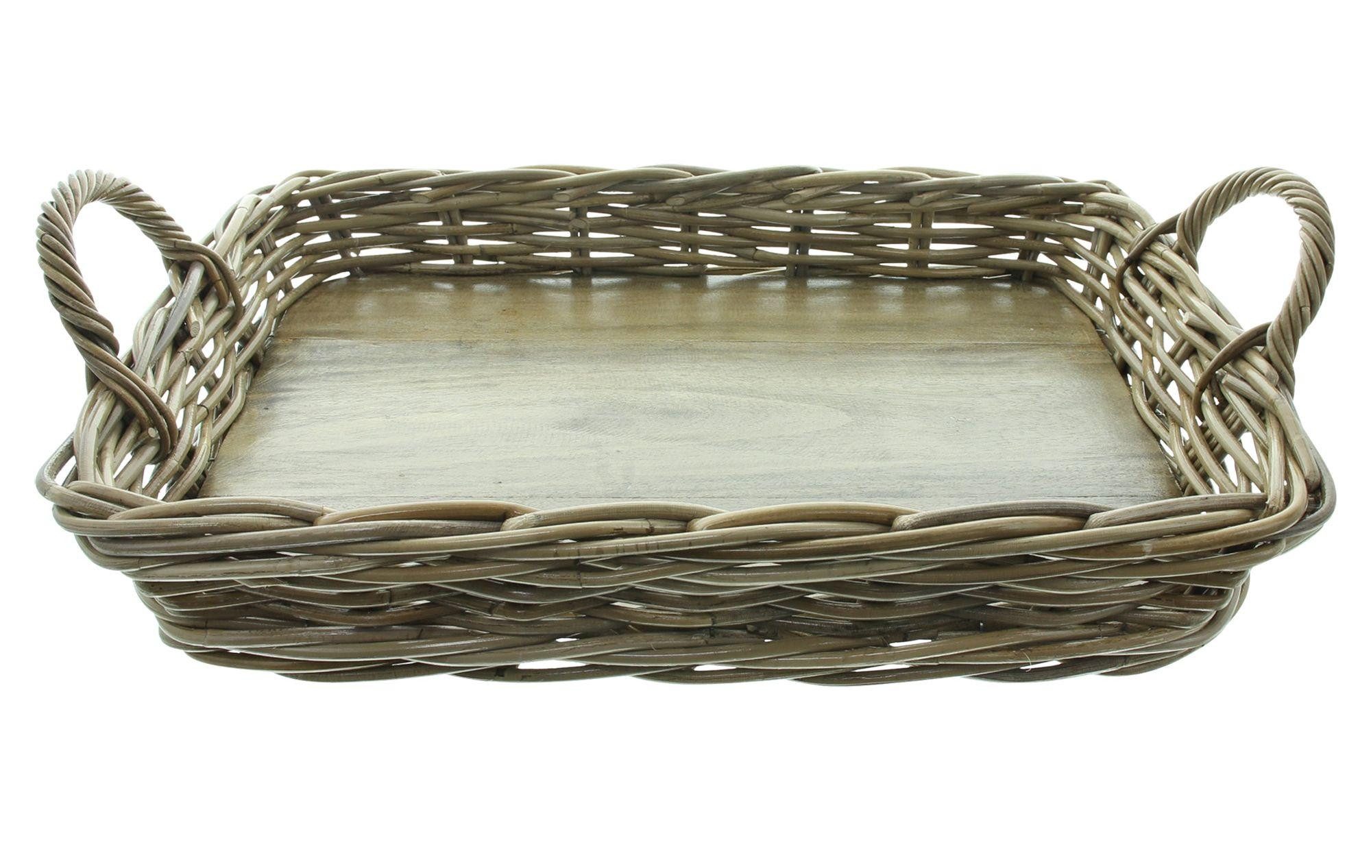 Dekoleidenschaft Tablett "Koboo Grey" Rattan, grau, mit Griffen, 50x35 cm groß, Serviertablett, Rattan, Korbtablett rechteckig, Kaffeetablett