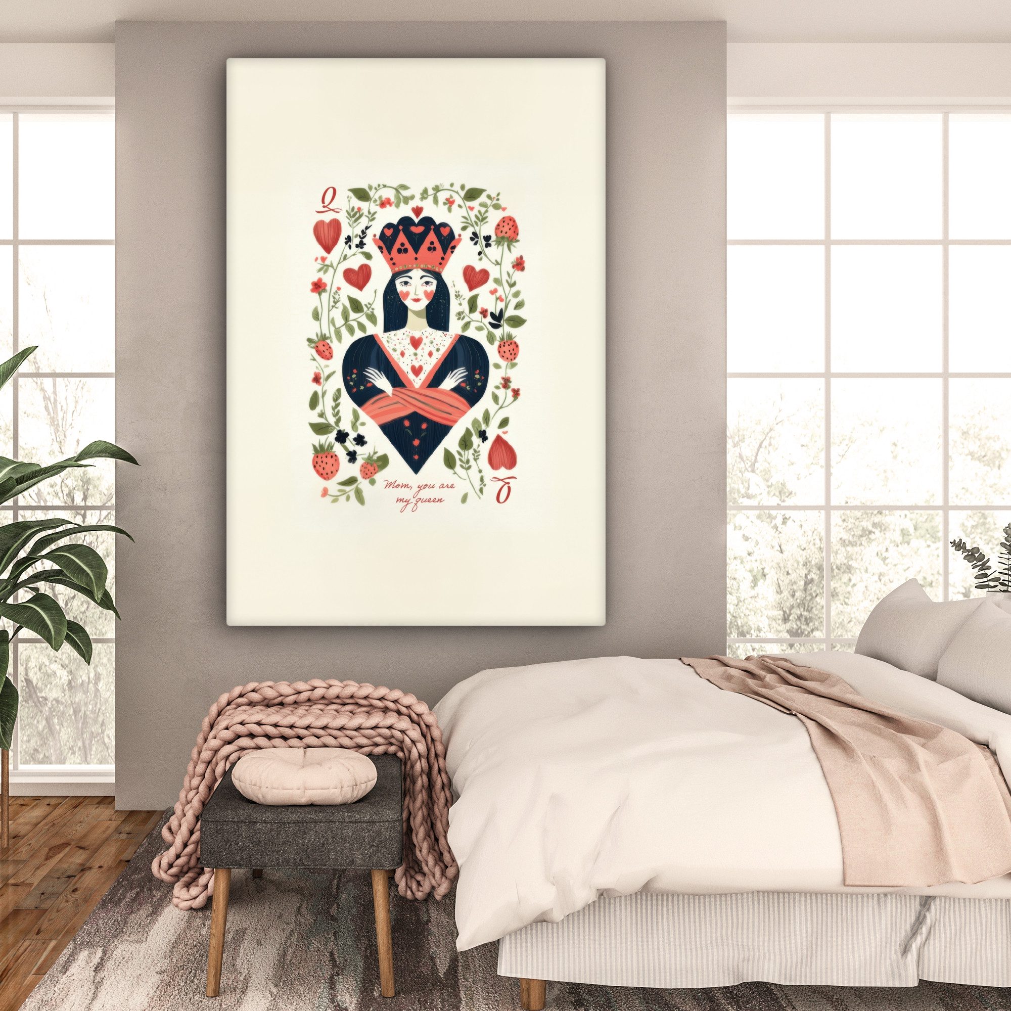 OneMillionCanvasses® Leinwandbild Spielkarte - Herzkönigin - Blumen - Herzen, Fotodruck (1 St), Leinwandbilder XXL für Wohnzimmer 90x140 cm