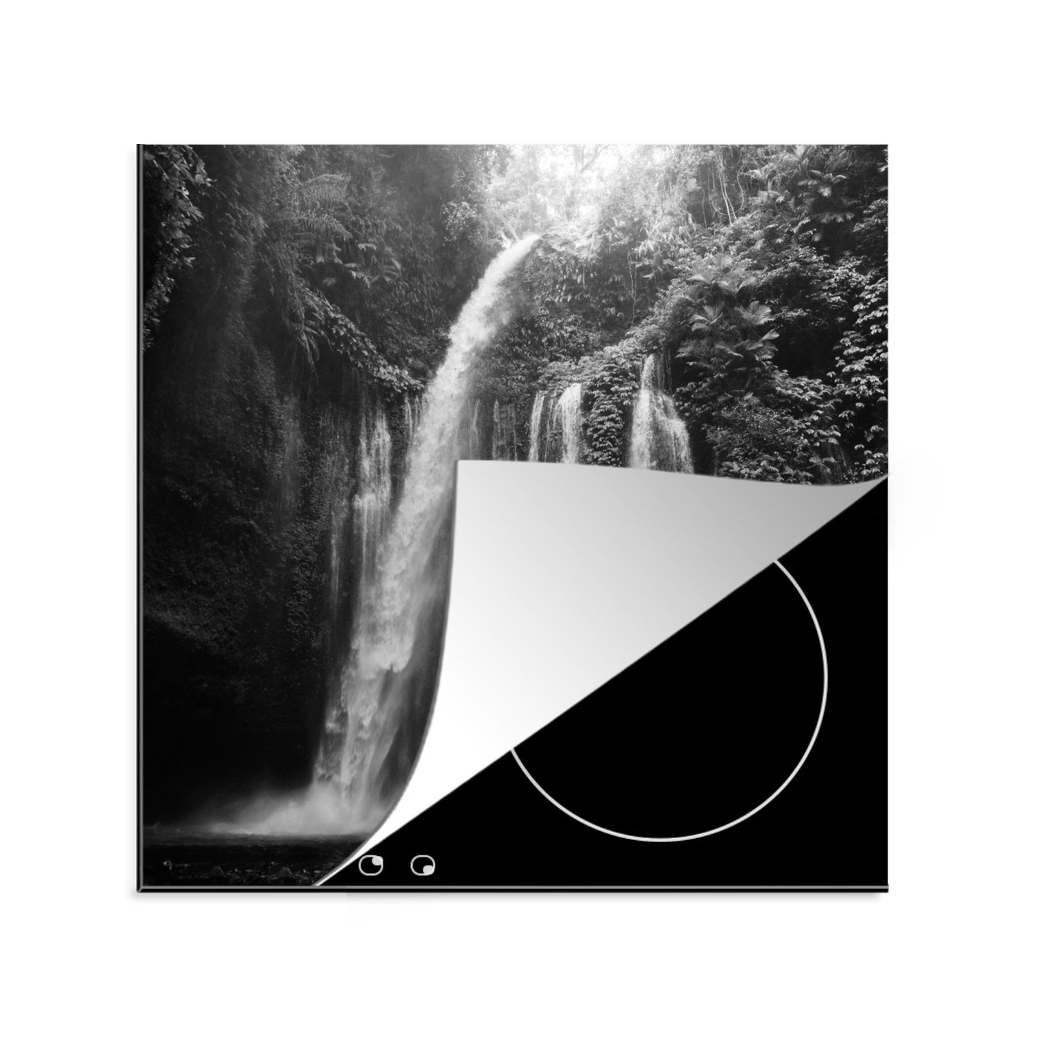 Ceranfeldabdeckung, küche Wasserfall Vinyl, - - Weiß, für 78x78 MuchoWow - cm, (1 tlg), Schwarz Arbeitsplatte Herdblende-/Abdeckplatte Indonesien