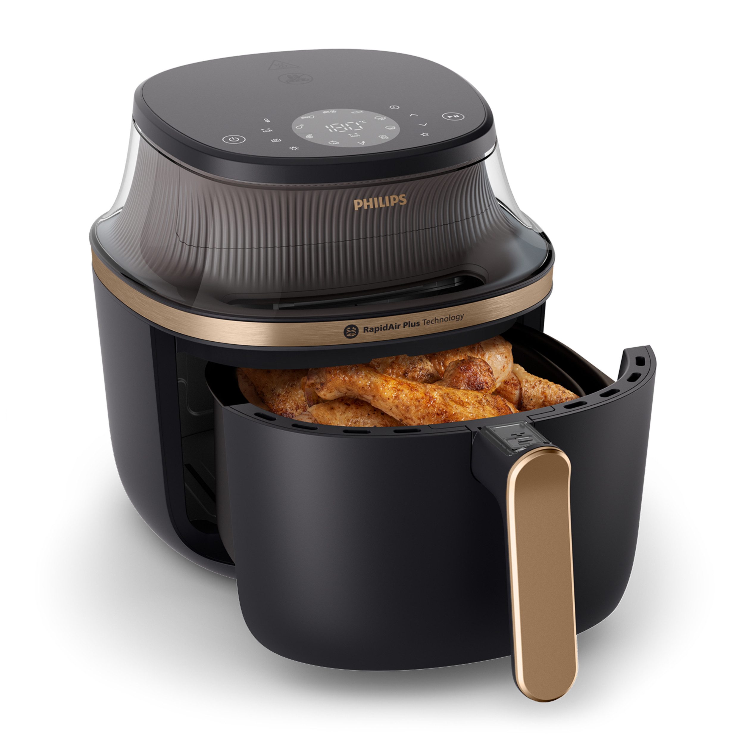 Philips Heißluftfritteuse Airfryer 3000 NA332/00, mit 6.2L, Sichtfenster, 1700 W, RapidAir Plus Technologie und 16 Kochfunktionen; Schwarz/Kupfer