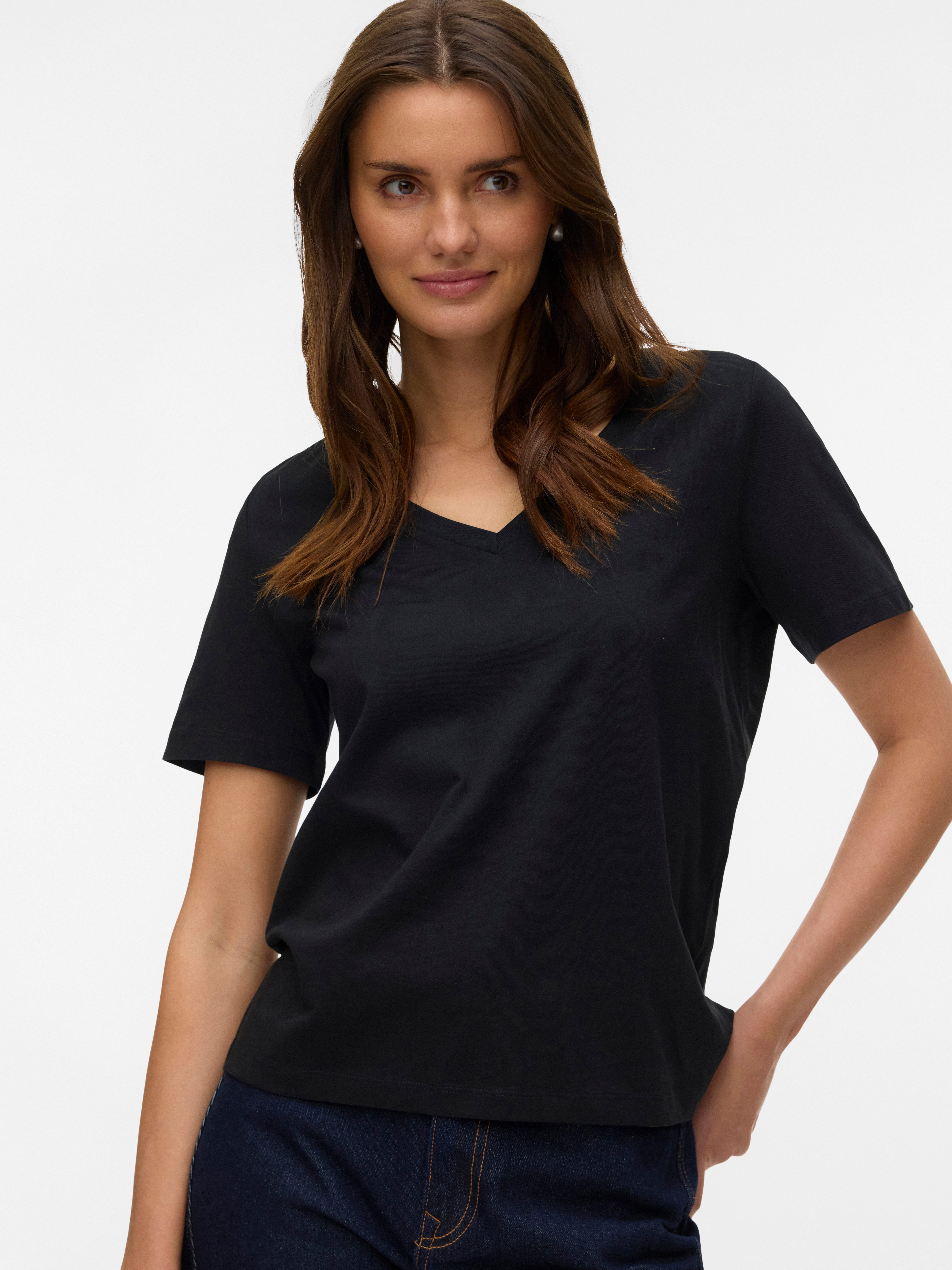Vero Moda Kurzarmshirt VMPAULINA SS V-NECK T-SHIRT JRS NOOS Baumwolle