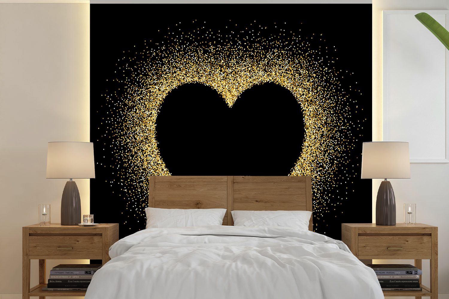 MuchoWow Fototapete Goldenes Herz auf schwarzem Hintergrund, Matt, bedruckt, (5 St), Vinyl Tapete für Wohnzimmer oder Schlafzimmer, Wandtapete