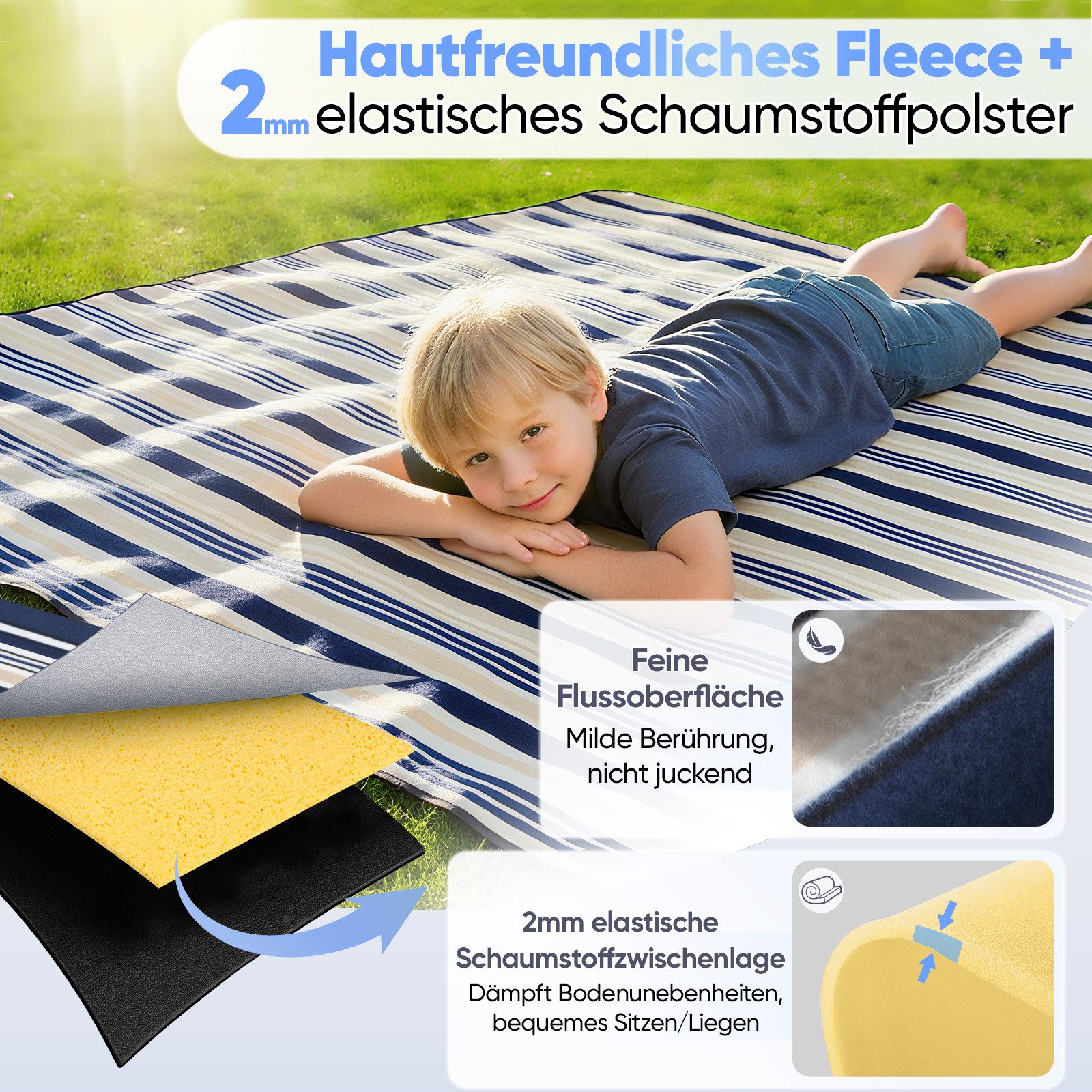 Picknickdecke XXL Picknickdecke 200x200 cm Wasserdicht, Faltbare Campingdecke Fleece, Sekey, aus Drei Lagen, Stranddecke 4 bis 6 Personen mit tragbarem Griff
