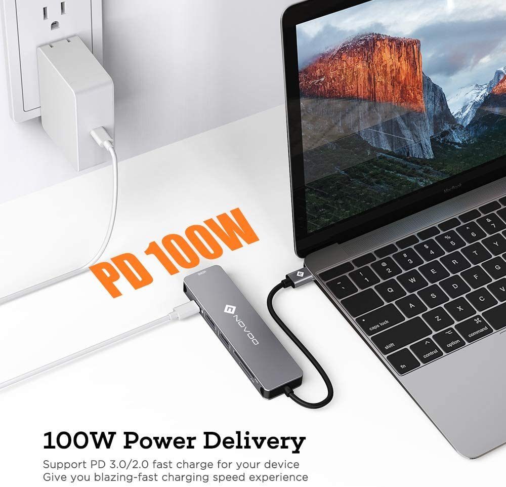 NOVOO 6 in 1 Adapter für technische Geräte, Anschlusserweiterung für den PC USB-Adapter USB-C zu HDMI, USB 3.0 Typ A, USB-C PD, SD Kartenleser, TF Kartenleser, Kompatibel mit Windows Laptop, Tablet, MacBook & Ipad