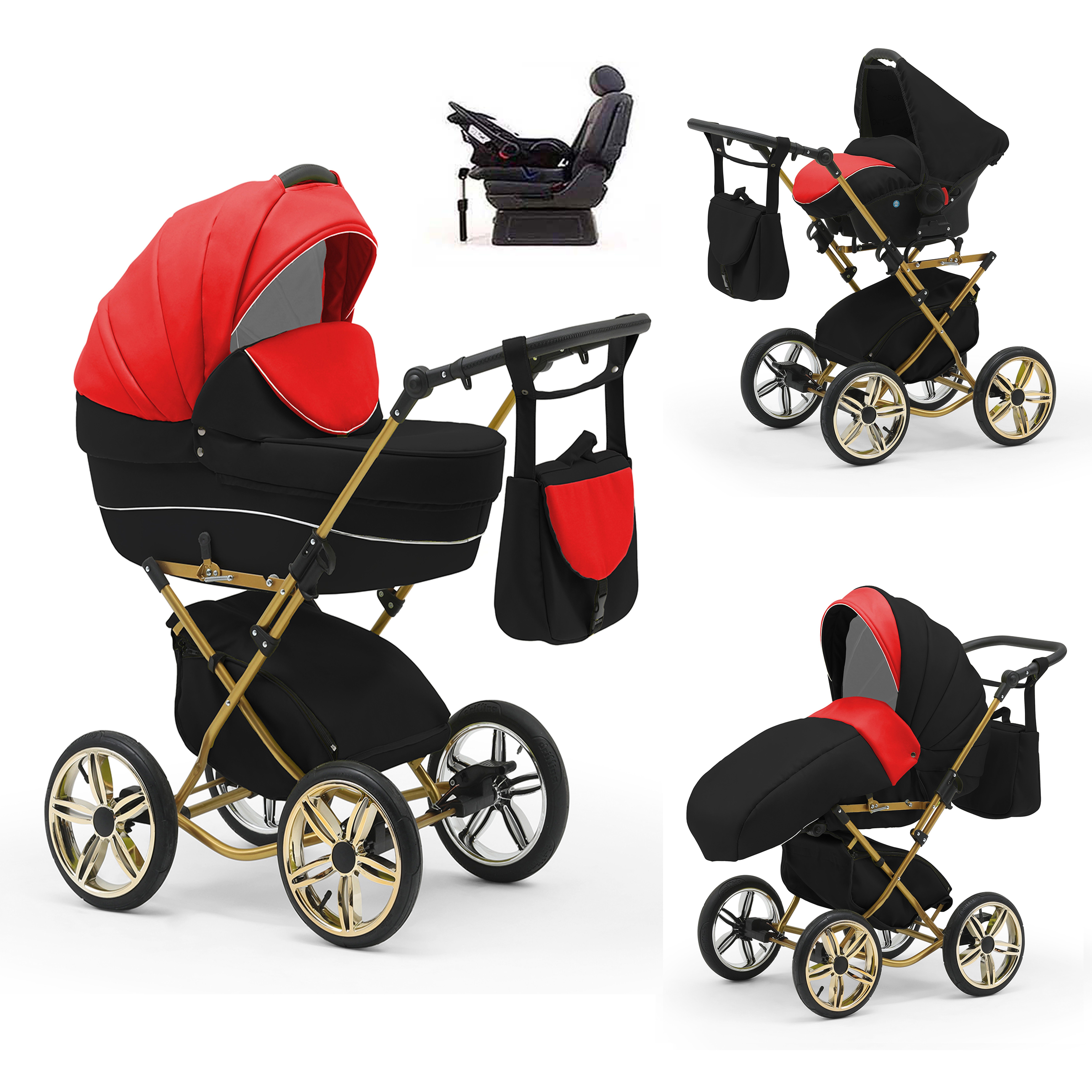 babies-on-wheels Kombi-Kinderwagen Sorento 4 in 1 inkl. Autositz und Iso Base - 14 Teile - in 10 Designs Rot-Schwarz