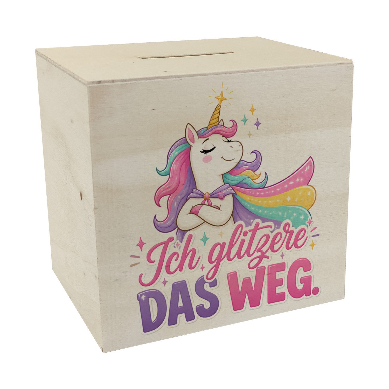 speecheese Spardose Spardose Holz Ich glitzere Sparbüchse mit buntem Fantasiemotiv Das an