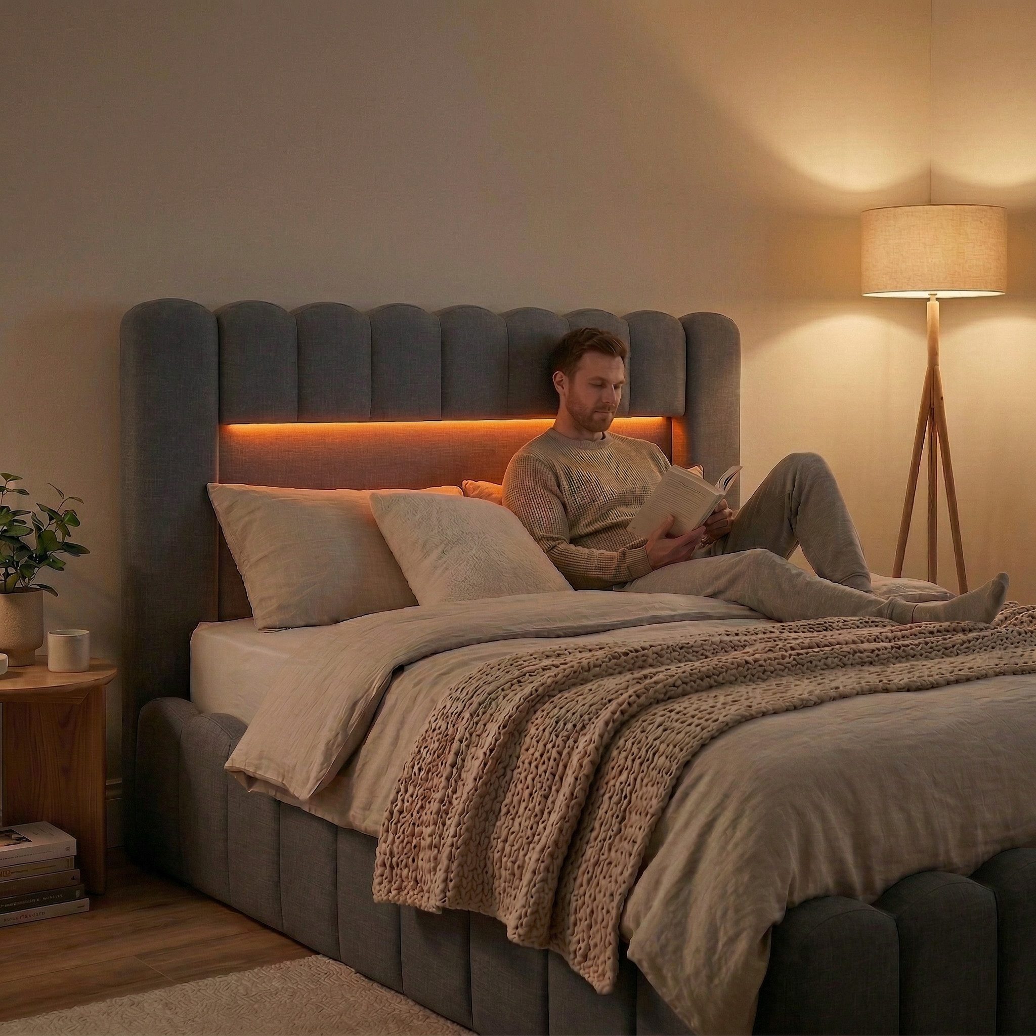 Furnishings Home Polsterbett Doppelbett Jugendbett (Set, Bett), Mit LED-Beleuchtung, USB & Type-c Anschlüsse, Leinen, 180x200 cm – Bild 3 von 5